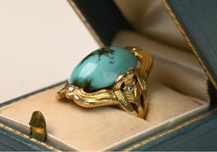 Circa 1890 Art Nouveau Era Oval Cut Turquoise Elongated Ring 18k Yellow Gold