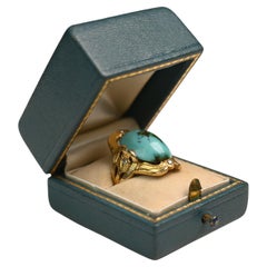 Circa 1890 Art Nouveau Era Oval Cut Turquoise Elongated Ring 18k Yellow Gold