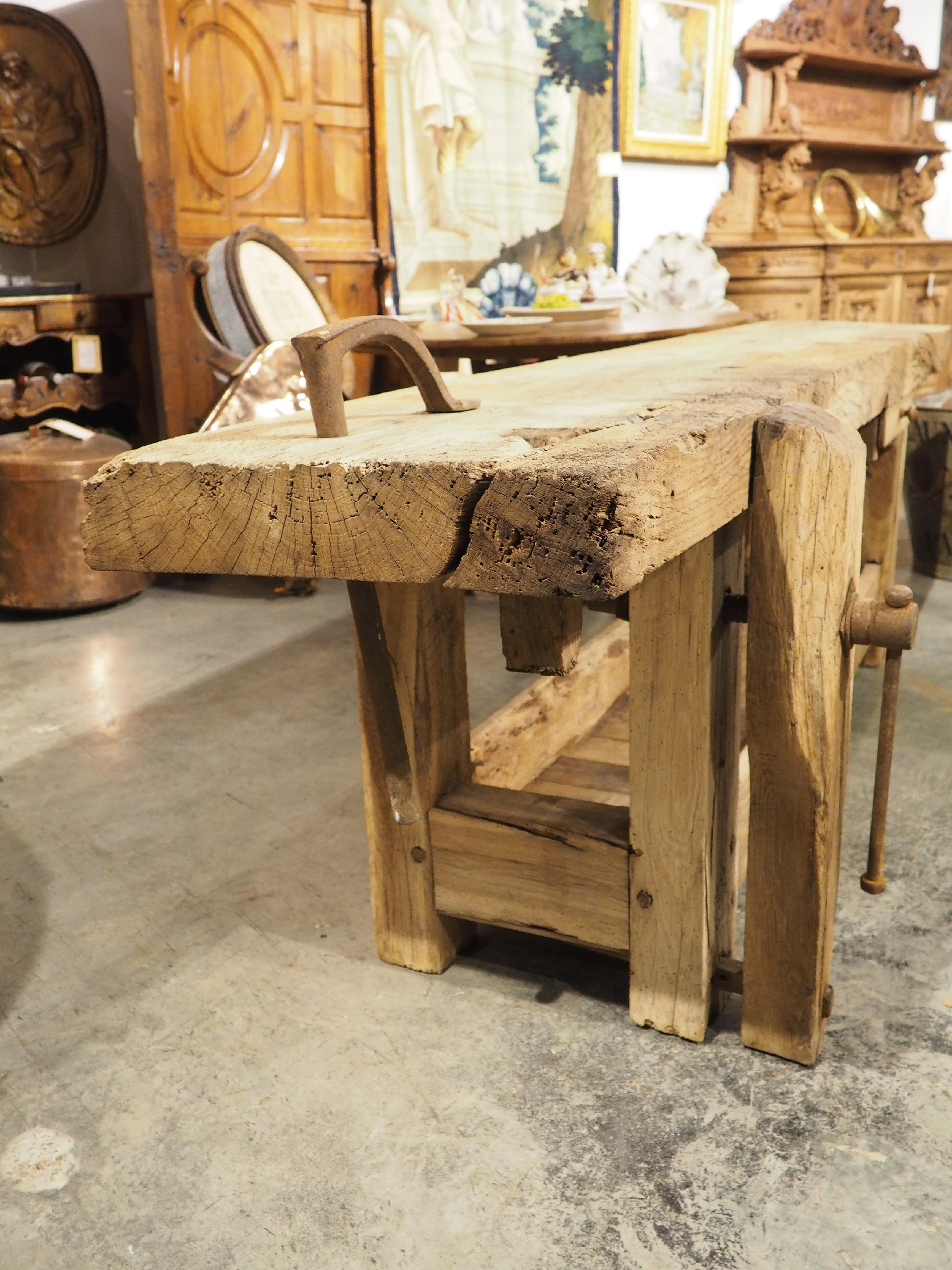 Circa 1890 Bleached French Carpenters Work Bench Table with Lower Storage For Sale 8