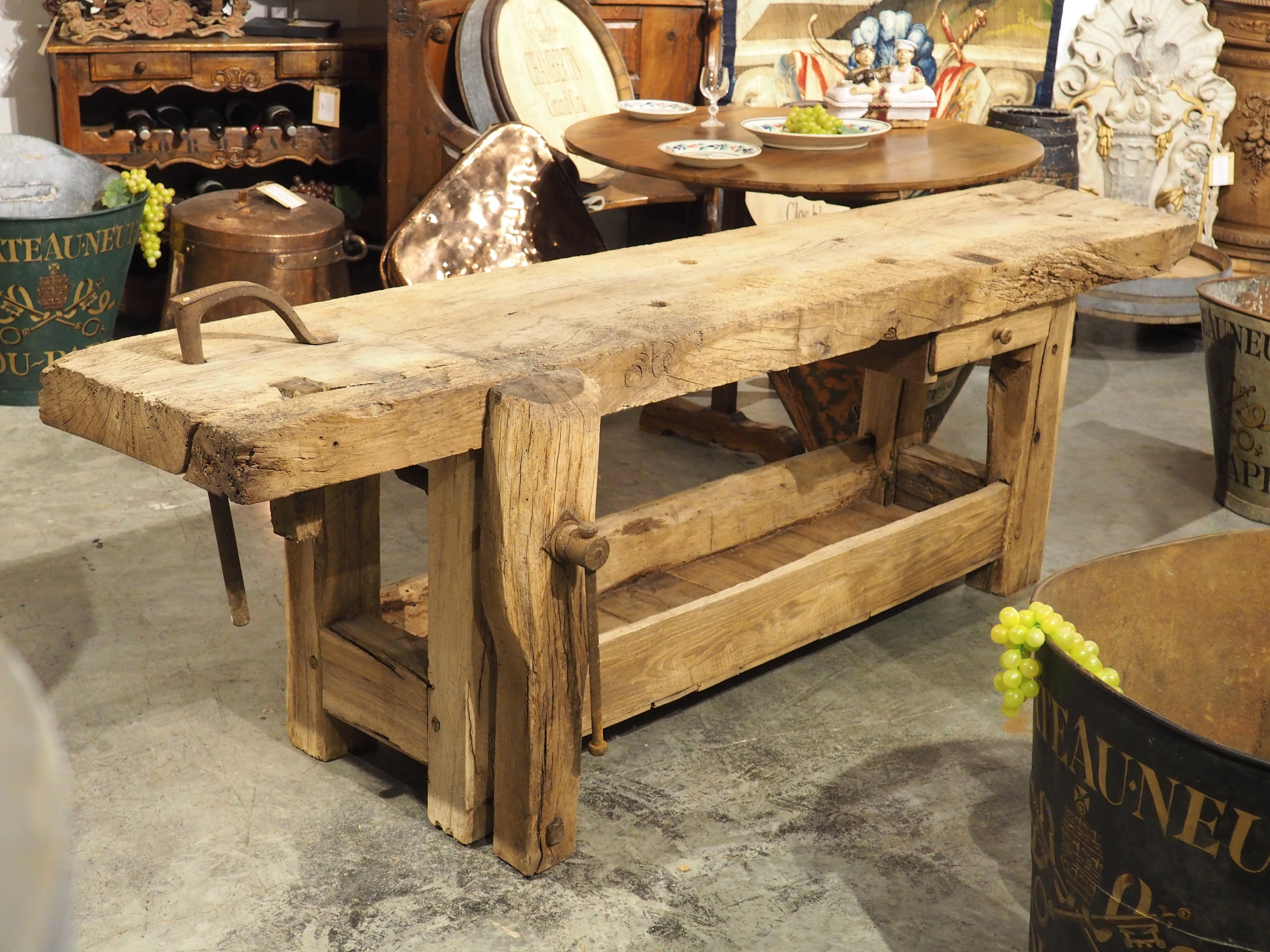 Circa 1890 Bleached French Carpenters Work Bench Table with Lower Storage For Sale 9