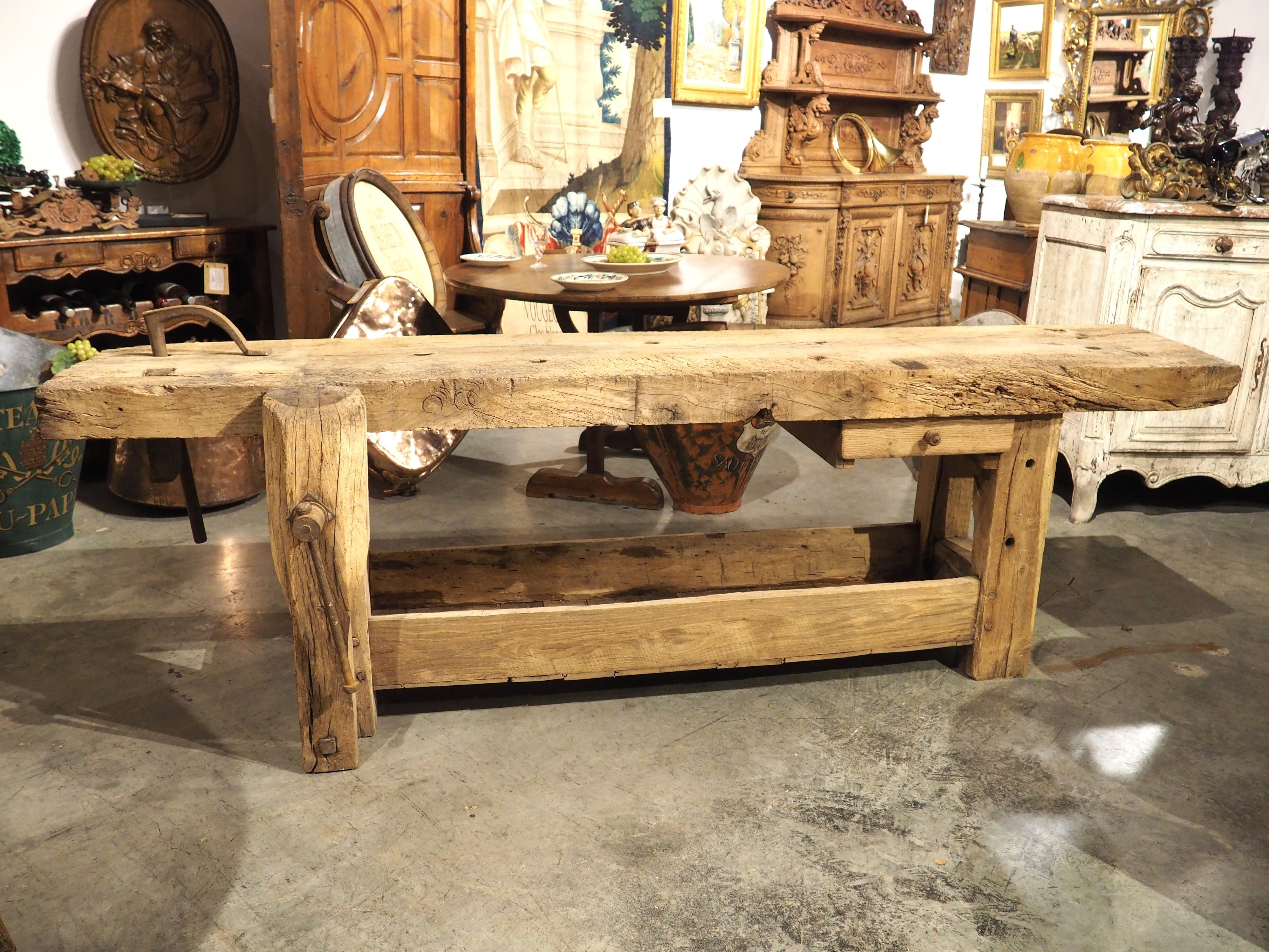 Circa 1890 Bleached French Carpenters Work Bench Table with Lower Storage For Sale 11