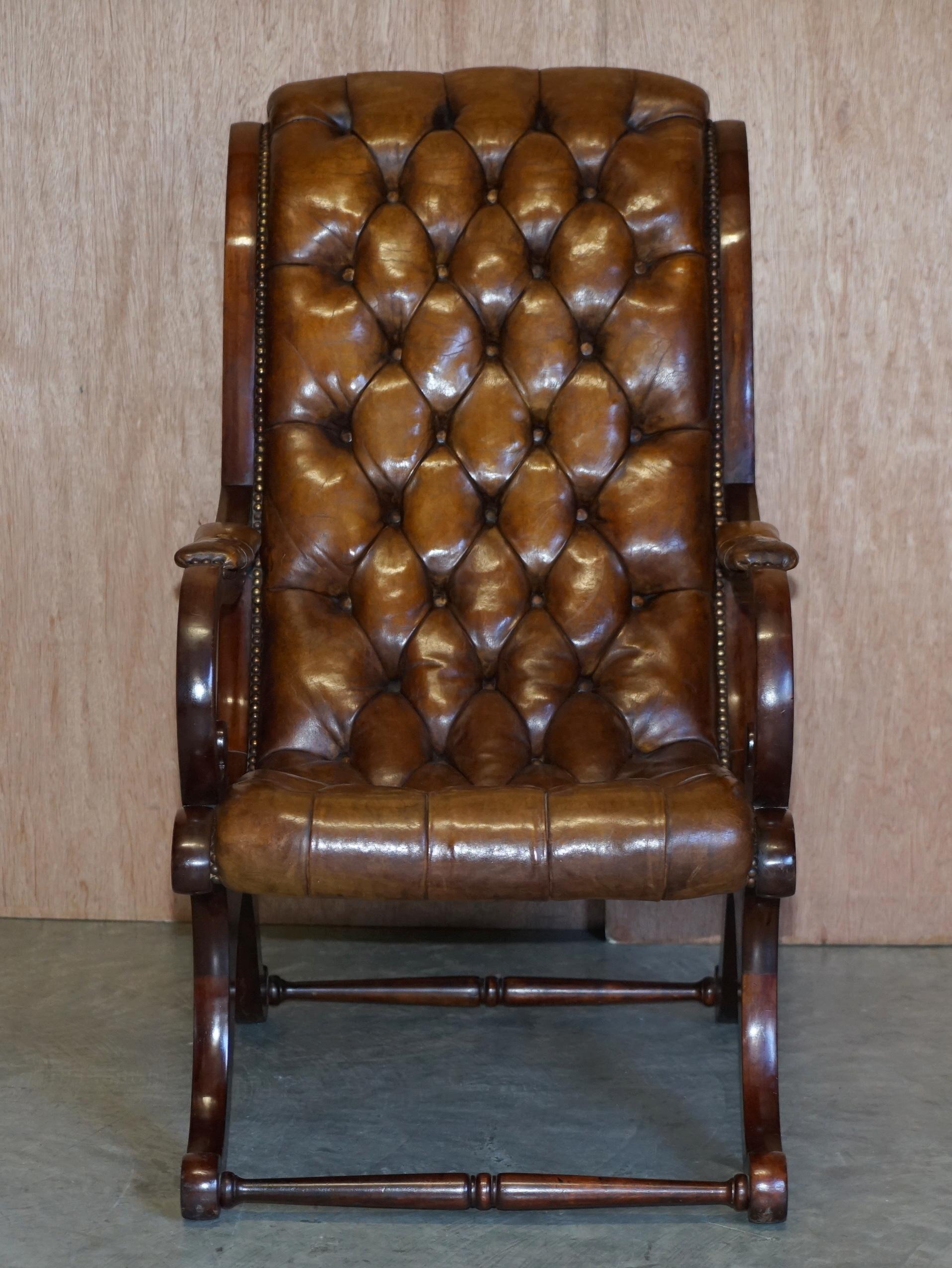 Victorian Chesterfield Brown Leather Library Armchair & Matching Foostool, circa 1890