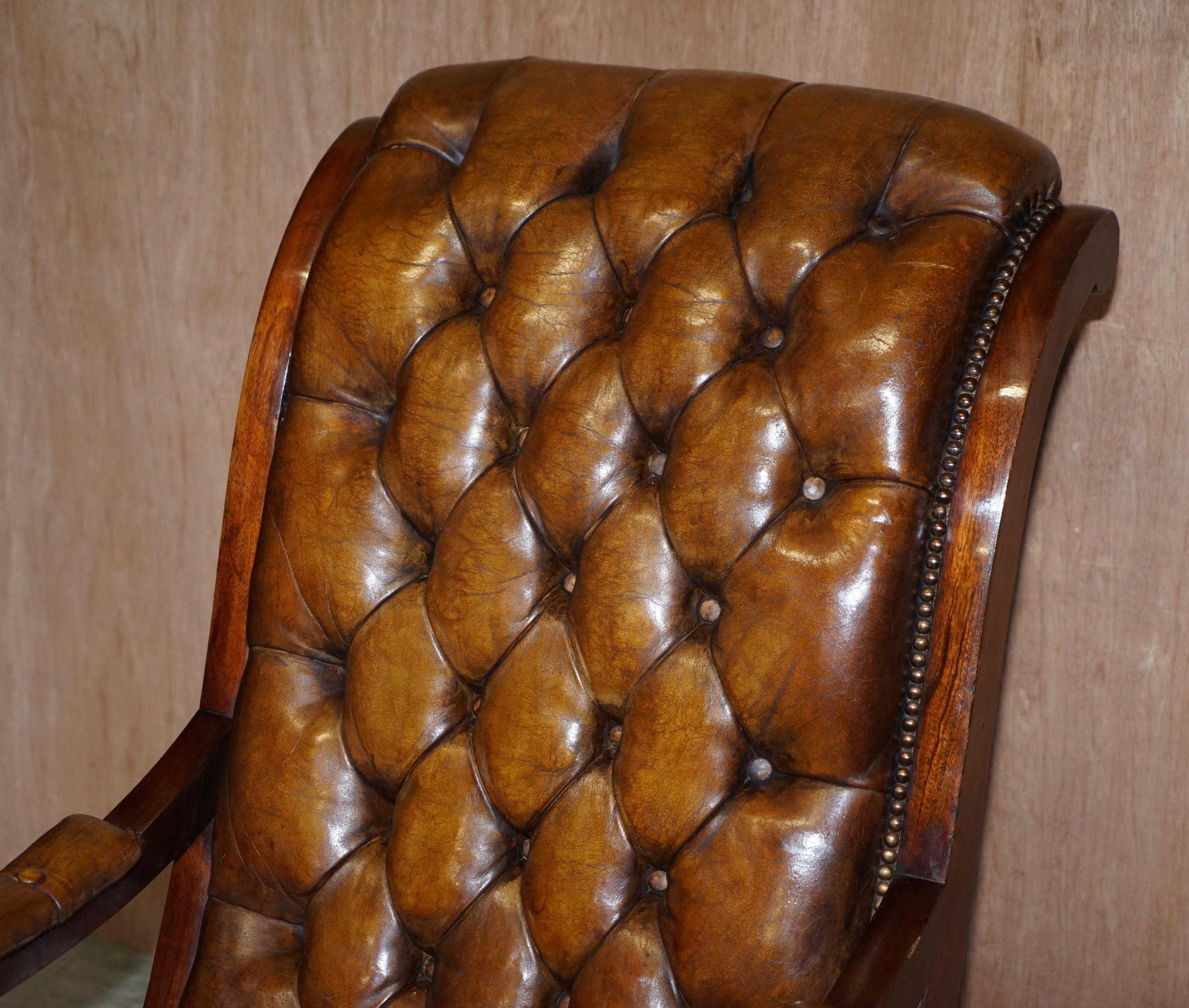 English Chesterfield Brown Leather Library Armchair & Matching Foostool, circa 1890