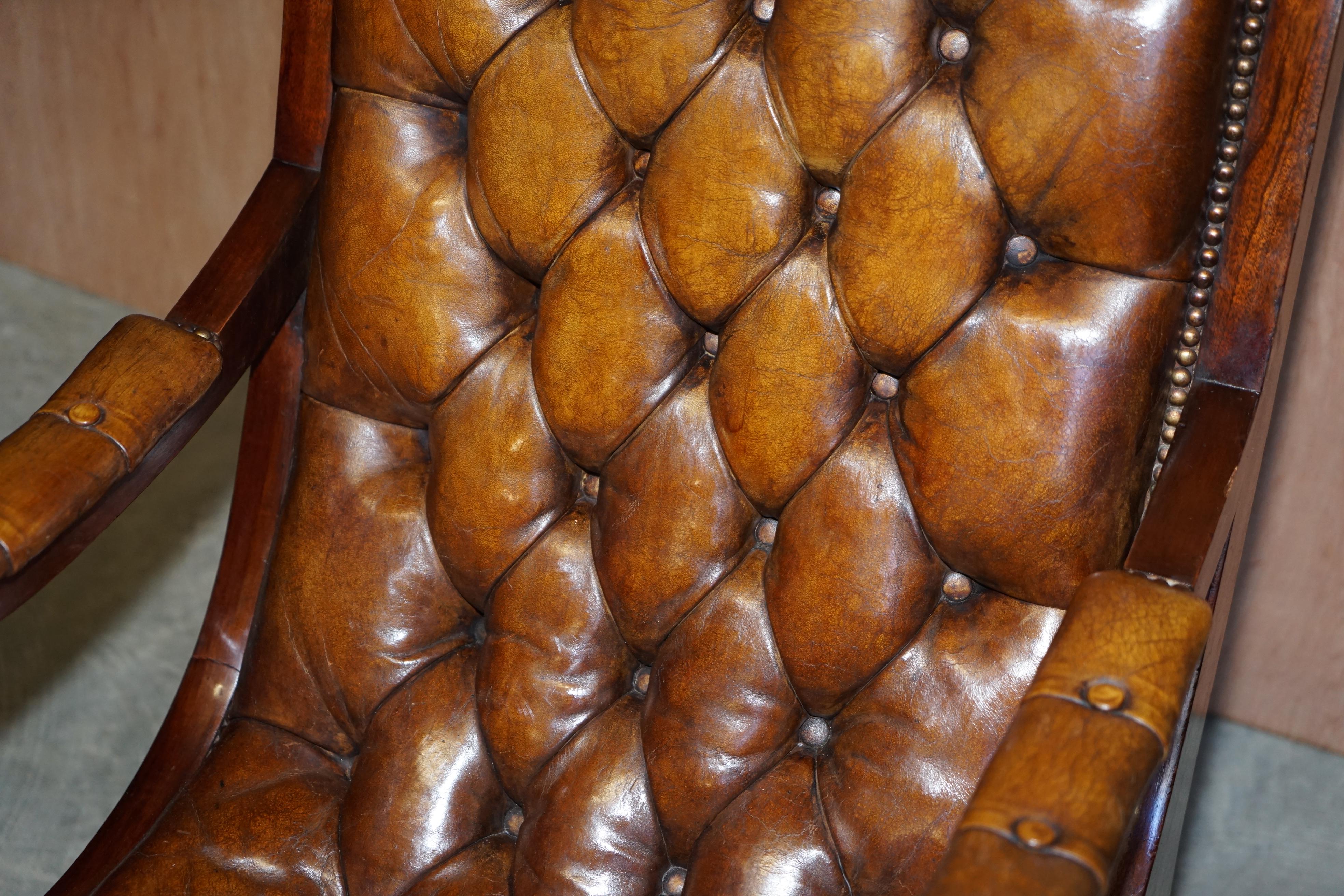 Late 19th Century Chesterfield Brown Leather Library Armchair & Matching Foostool, circa 1890