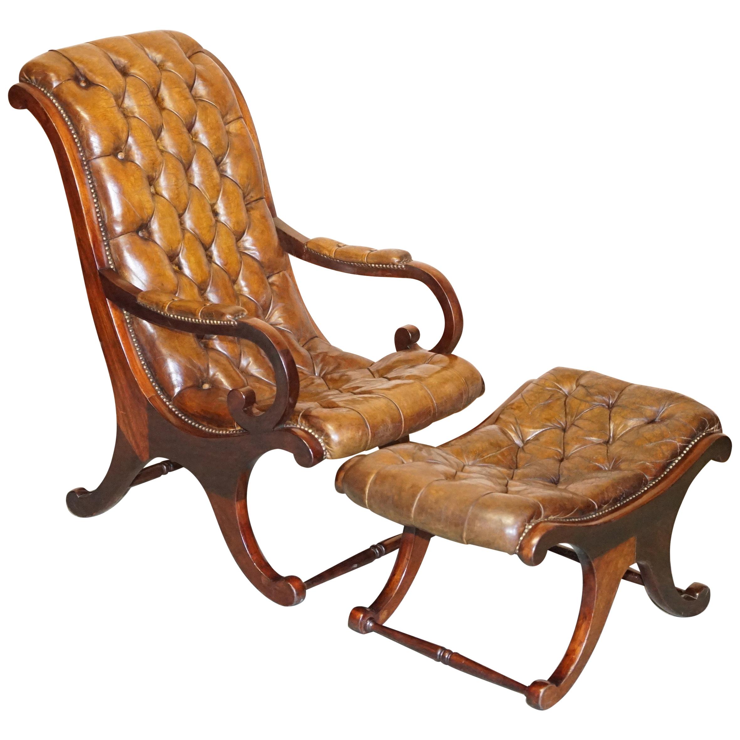 Chesterfield Brown Leather Library Armchair & Matching Foostool, circa 1890