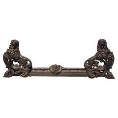 Antique Circa 1890 French Cast Iron Bar de Cheminee with Rampant Guardant Lions