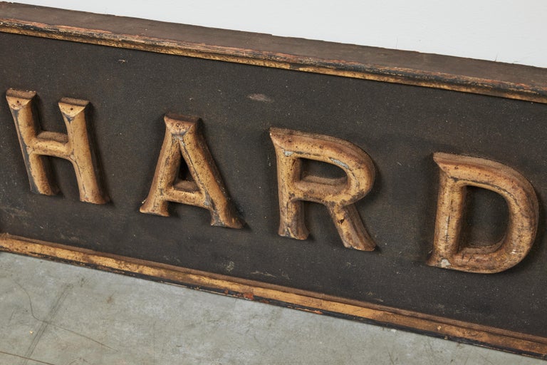19th Century Circa 1890 Hardware Store Wood Trade Sign Carved Smaltz Black and Gold Paint For Sale