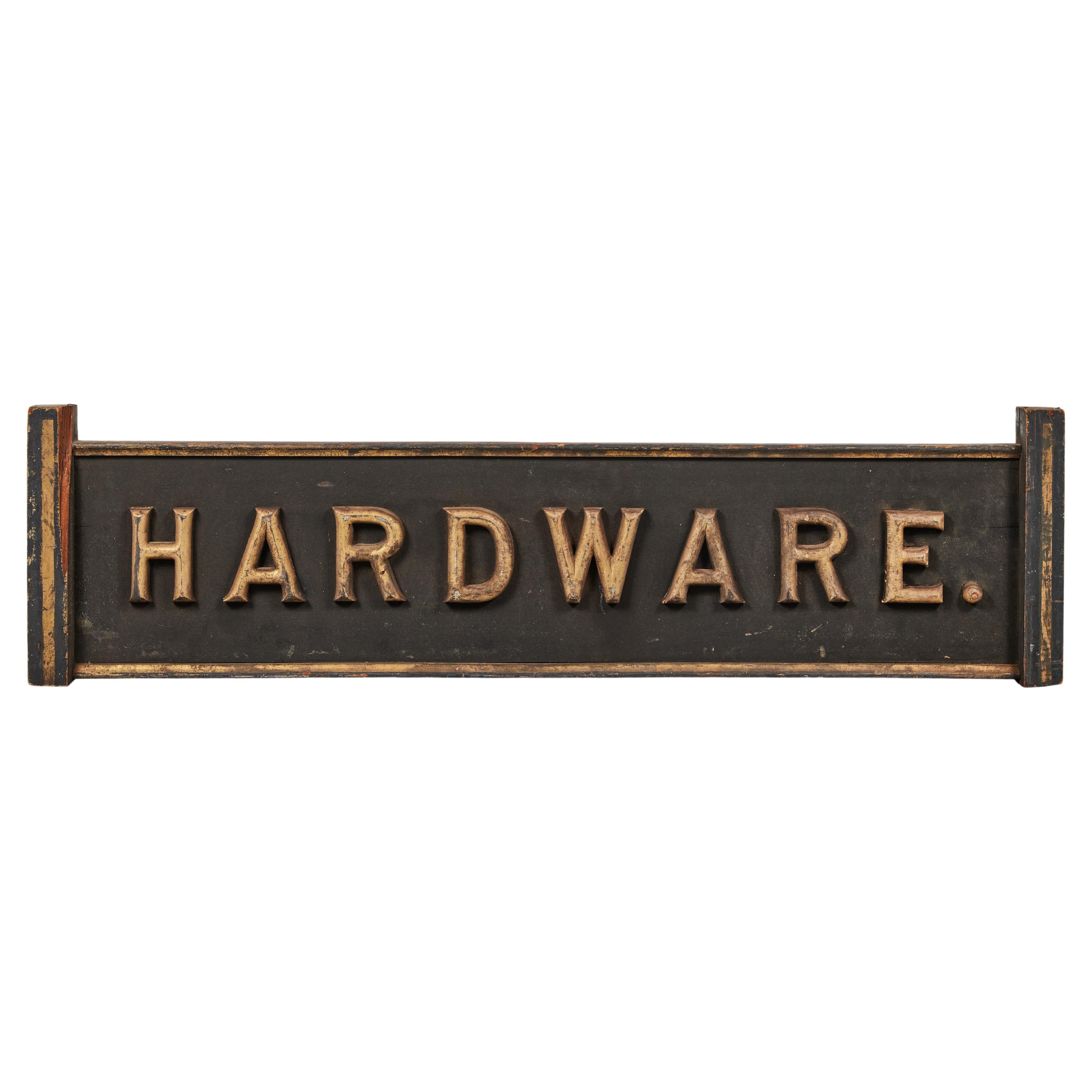 Geschnitztes Schmaltz-Schwarz- und Goldfarben-Lack-Schild, Hardware Store, Holzhandel, um 1890