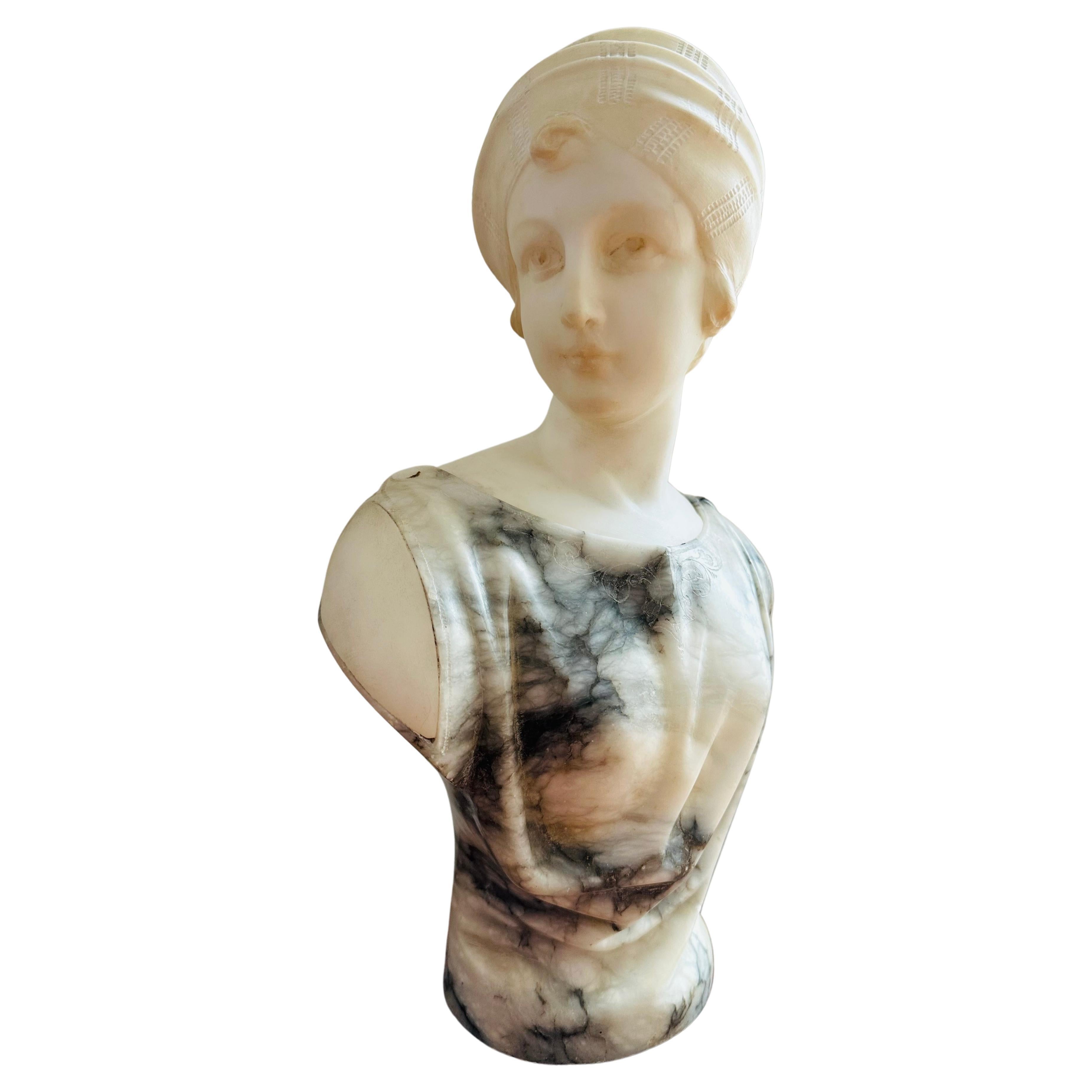 Circa. 1890 Italian Grey & White Elegant Marble Female Bust By Guglielmo Pugi For Sale