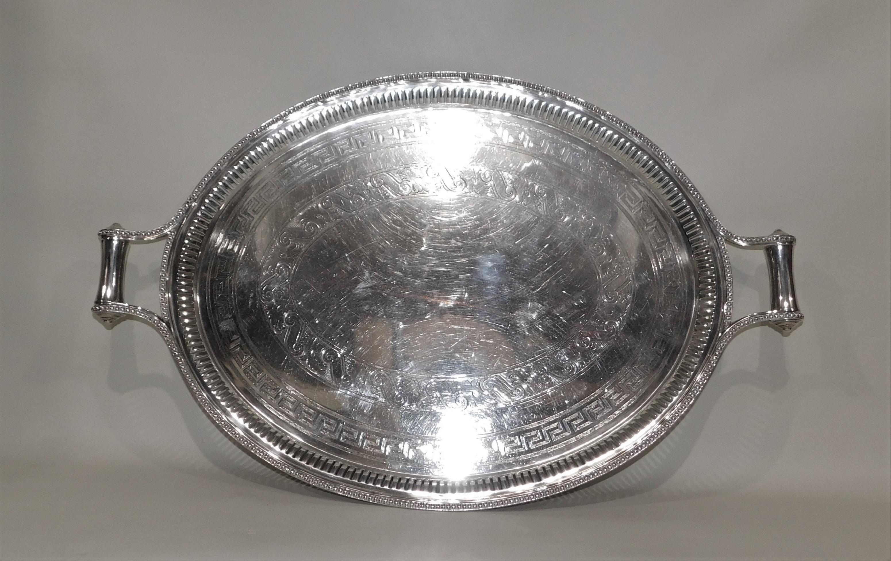 Large Vintage Oval English Silver Plated Serving Tray with Handles, circa 1890 3