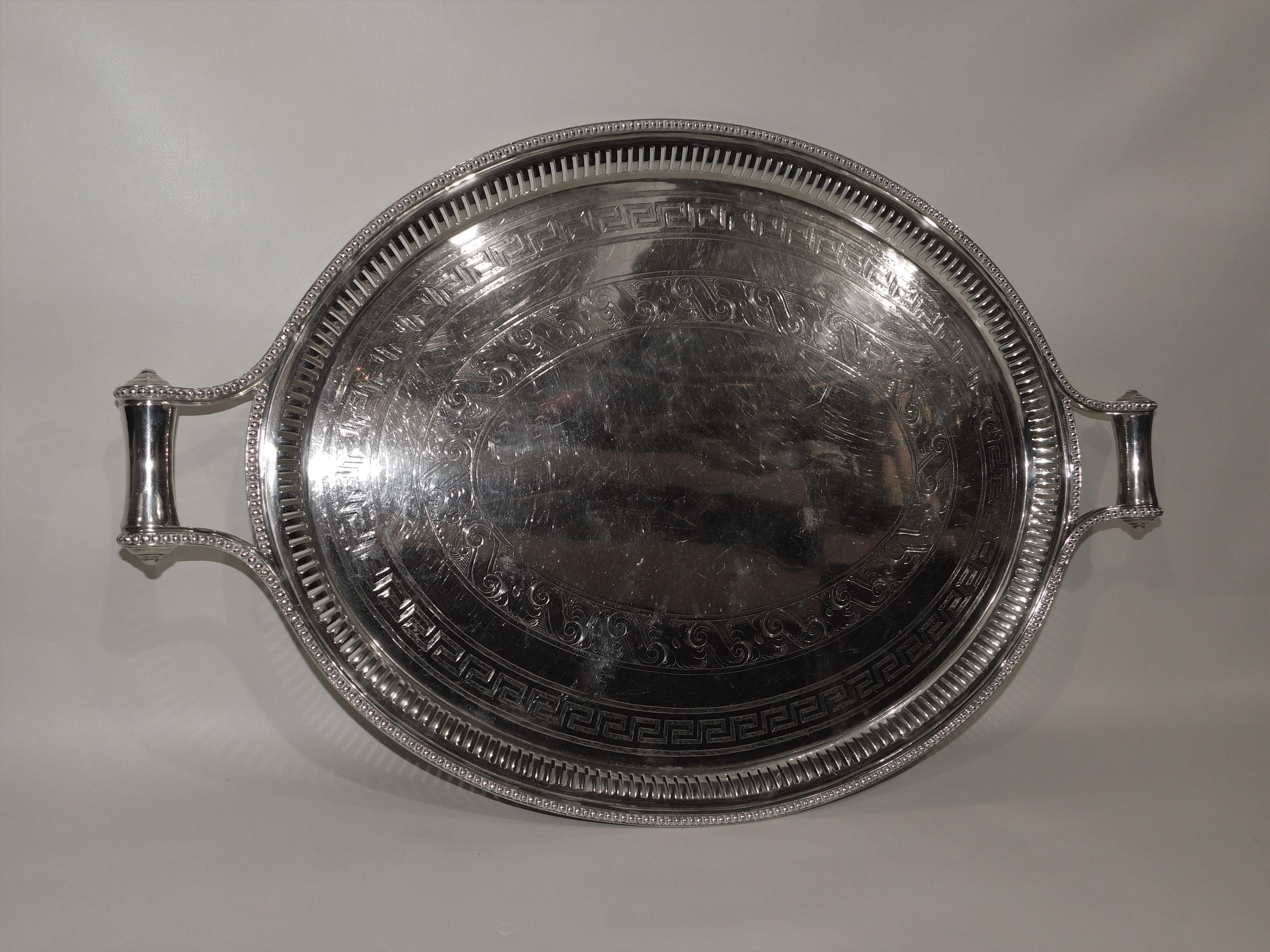 Large Vintage Oval English Silver Plated Serving Tray with Handles, circa 1890 4