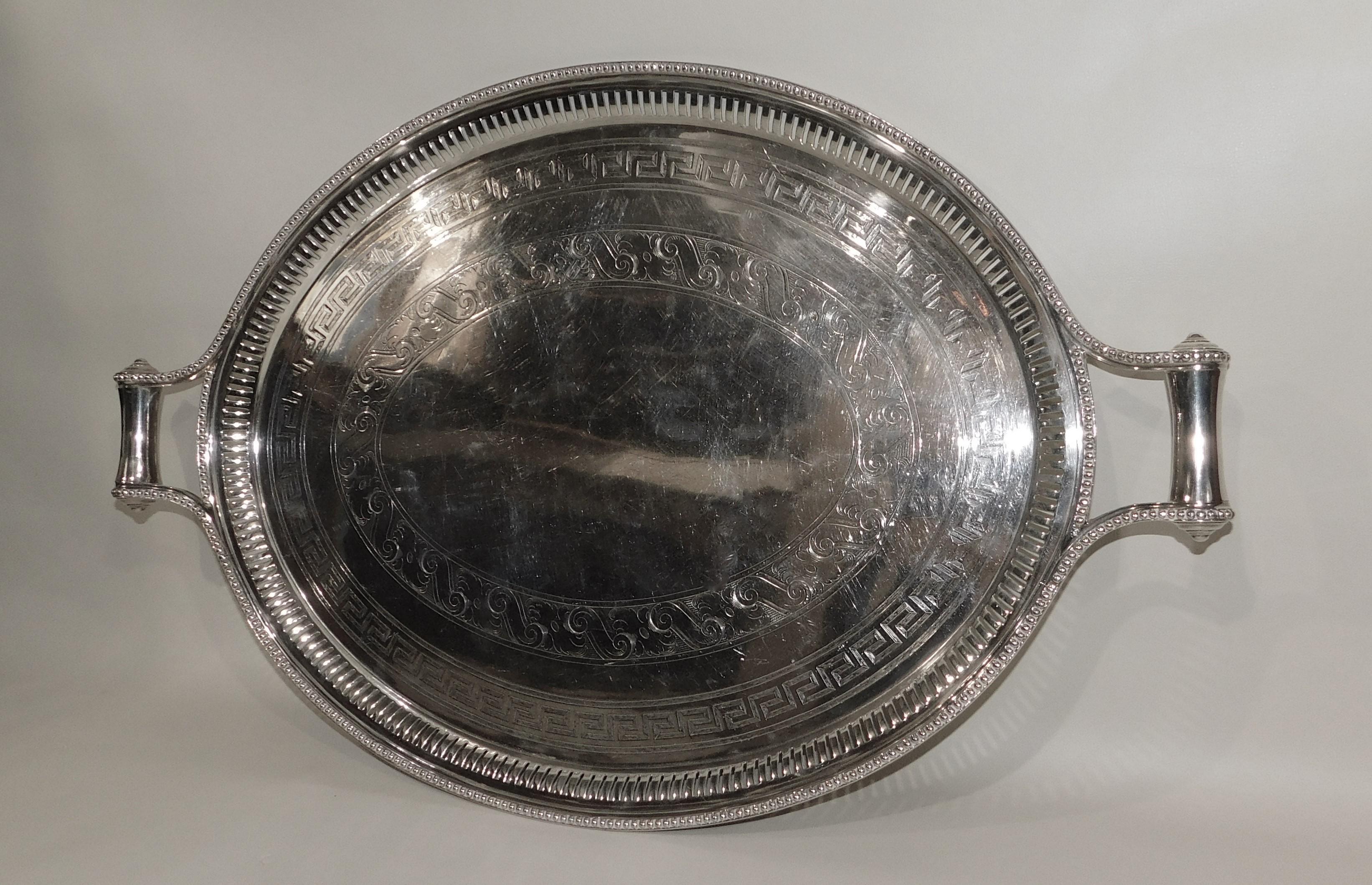 Large Vintage Oval English Silver Plated Serving Tray with Handles, circa 1890 In Good Condition In Hamilton, Ontario