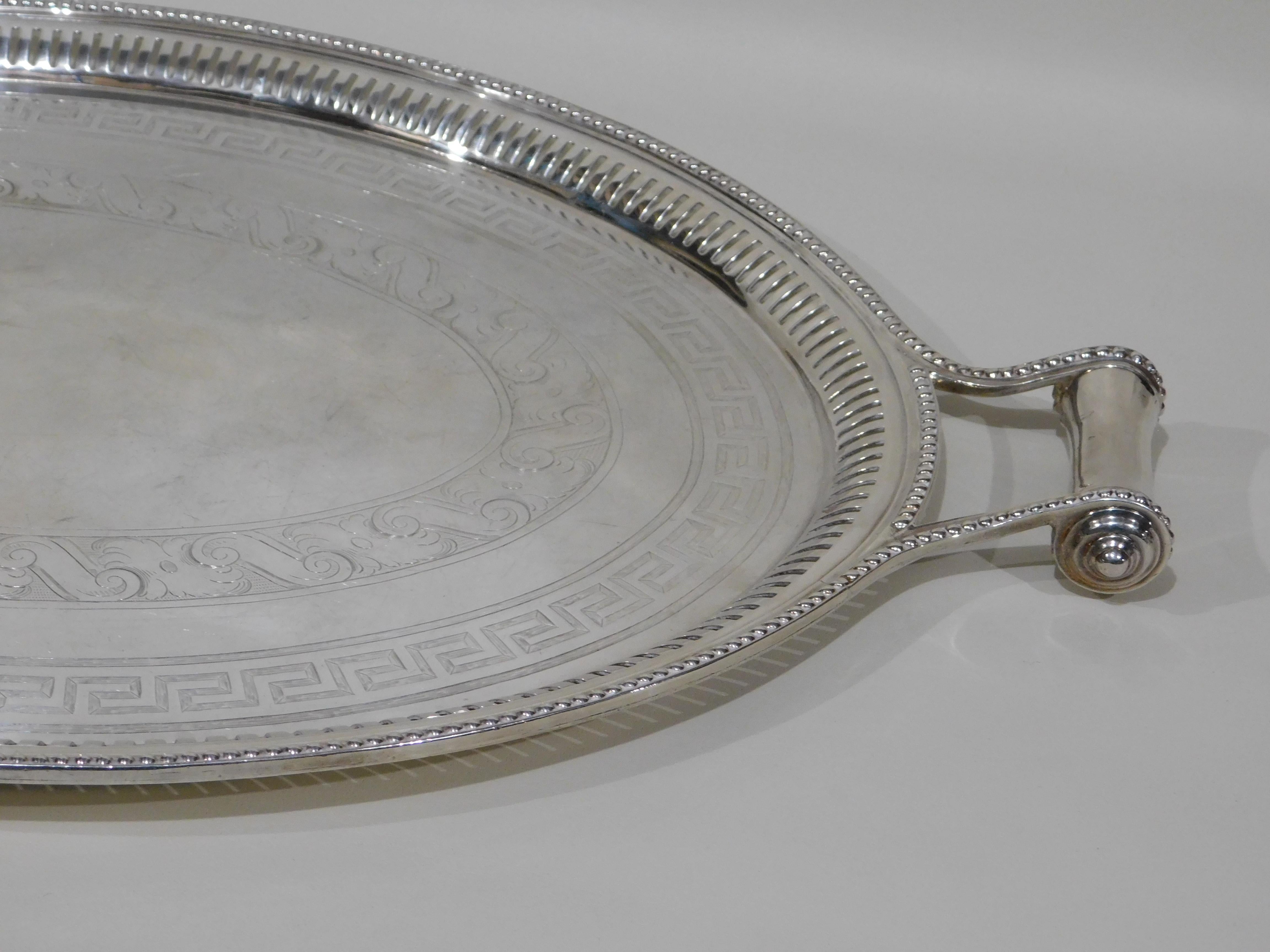 Late 19th Century Large Vintage Oval English Silver Plated Serving Tray with Handles, circa 1890