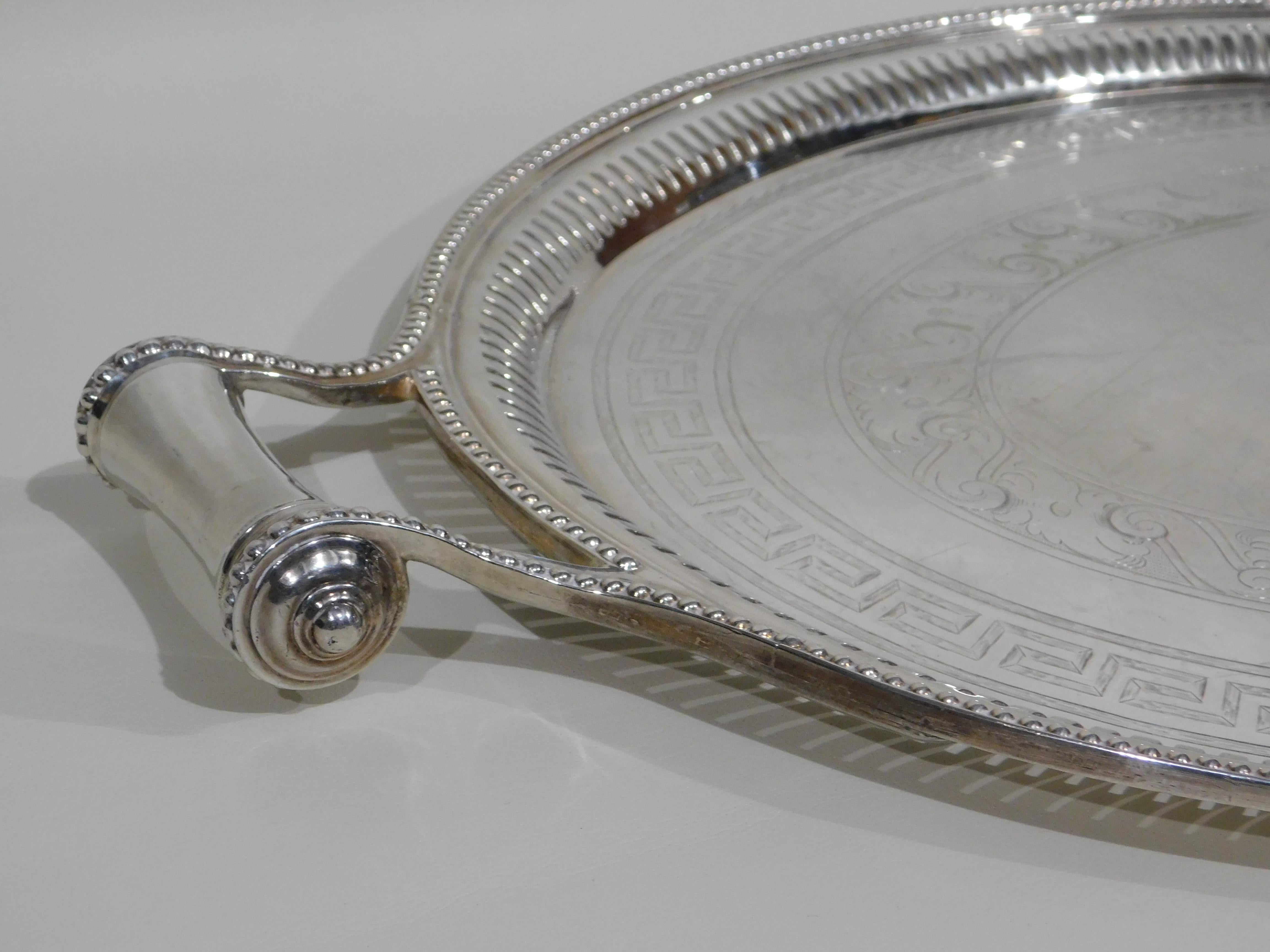 Large Vintage Oval English Silver Plated Serving Tray with Handles, circa 1890 1