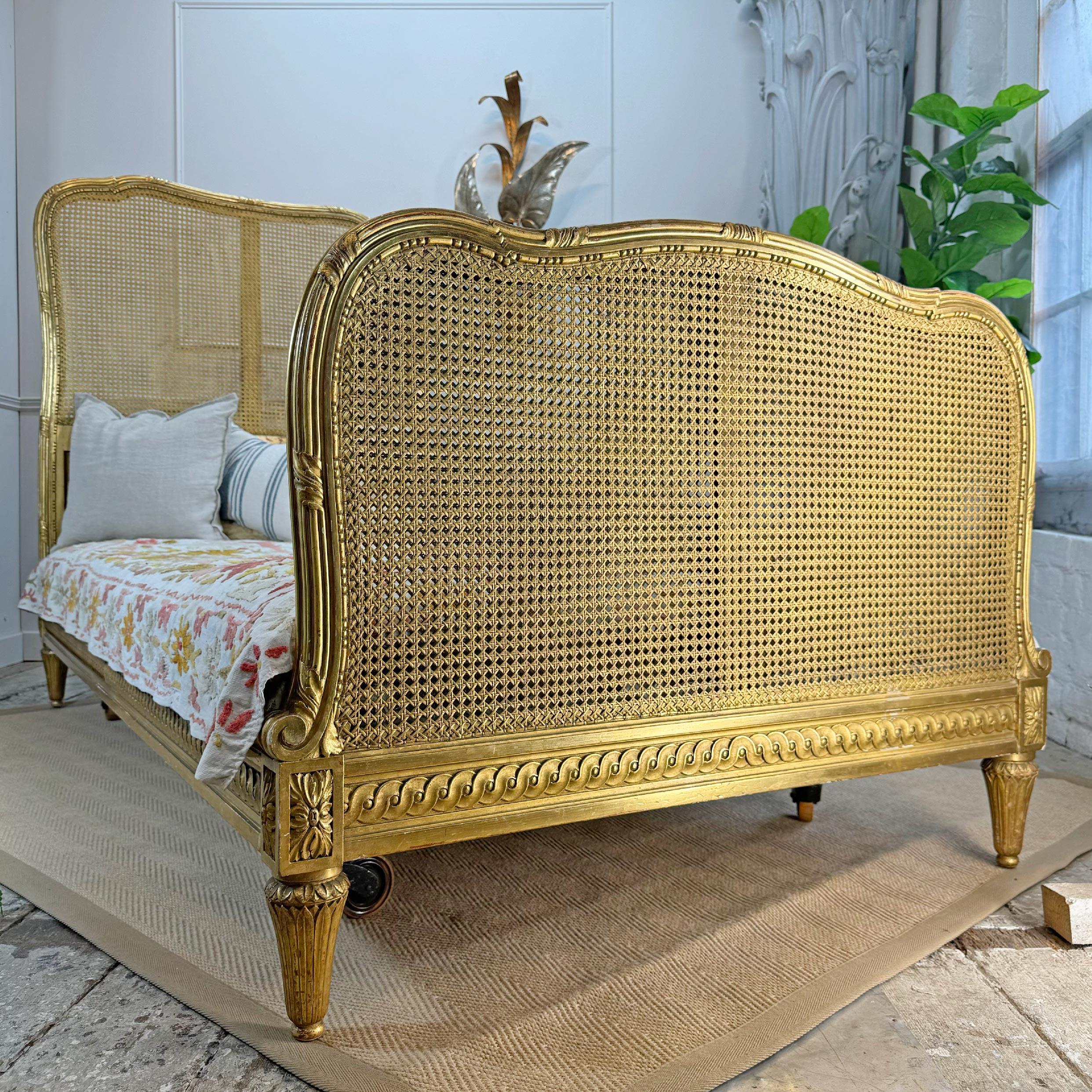 High Victorian Circa 1890 Maple and Co of England Giltwood Bergere Cane Bed For Sale