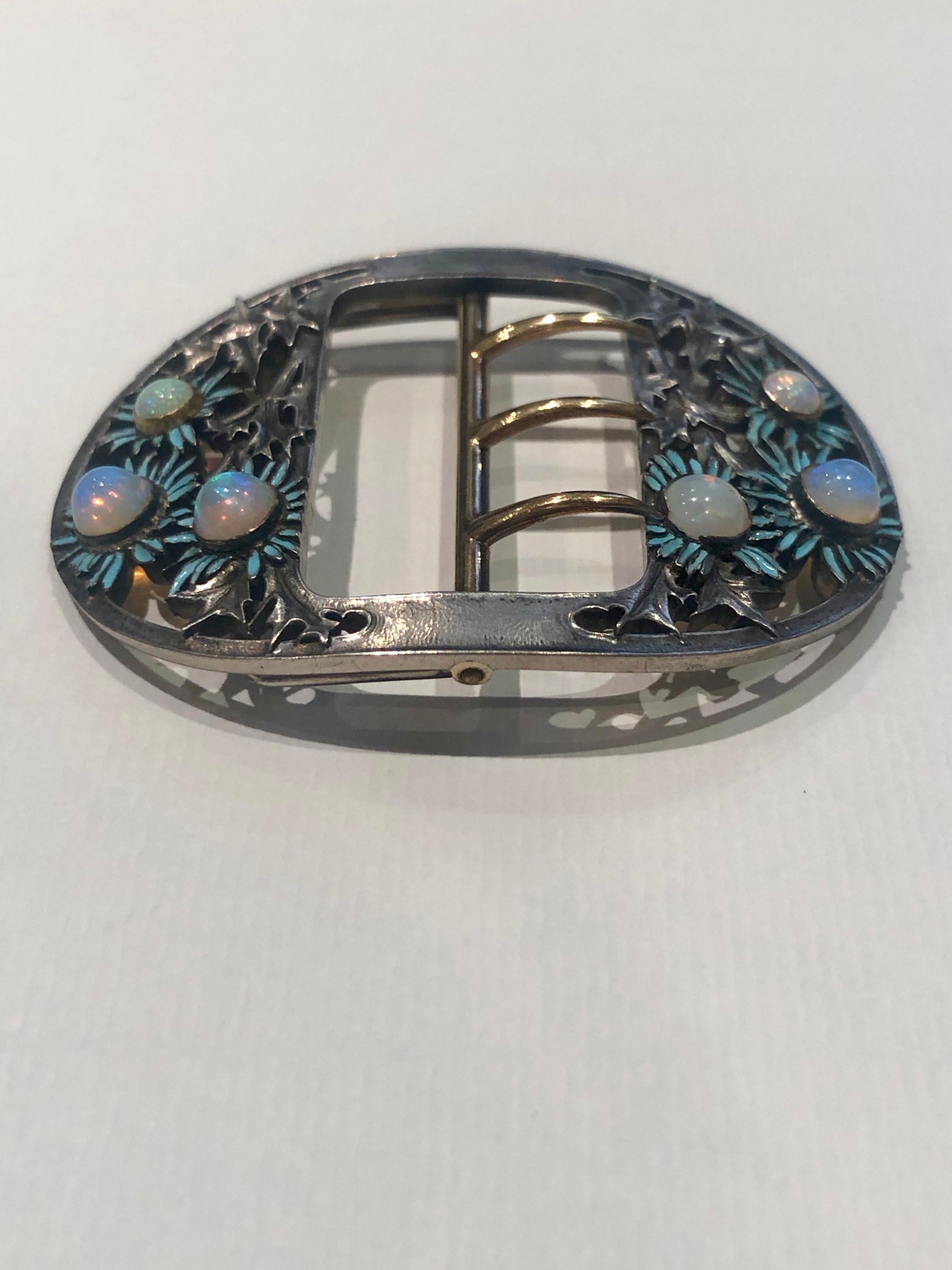 Rene Lalique Blue Daisies Buckle Silver Yellow Gold Enamel Opals, circa 1890 In Excellent Condition For Sale In Boulogne Billancourt, FR