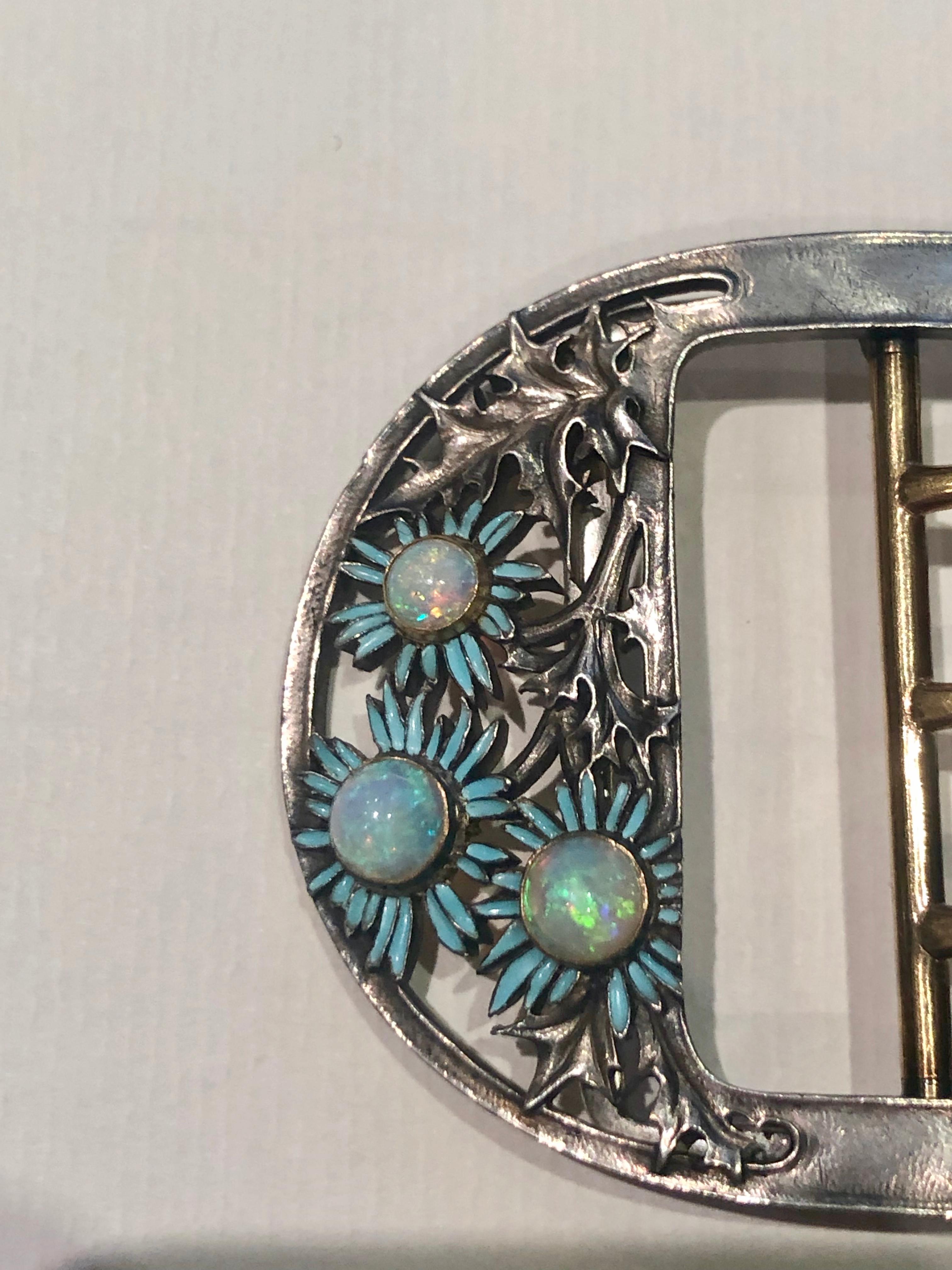 Rene Lalique Blue Daisies Buckle Silver Yellow Gold Enamel Opals, circa 1890 For Sale 1