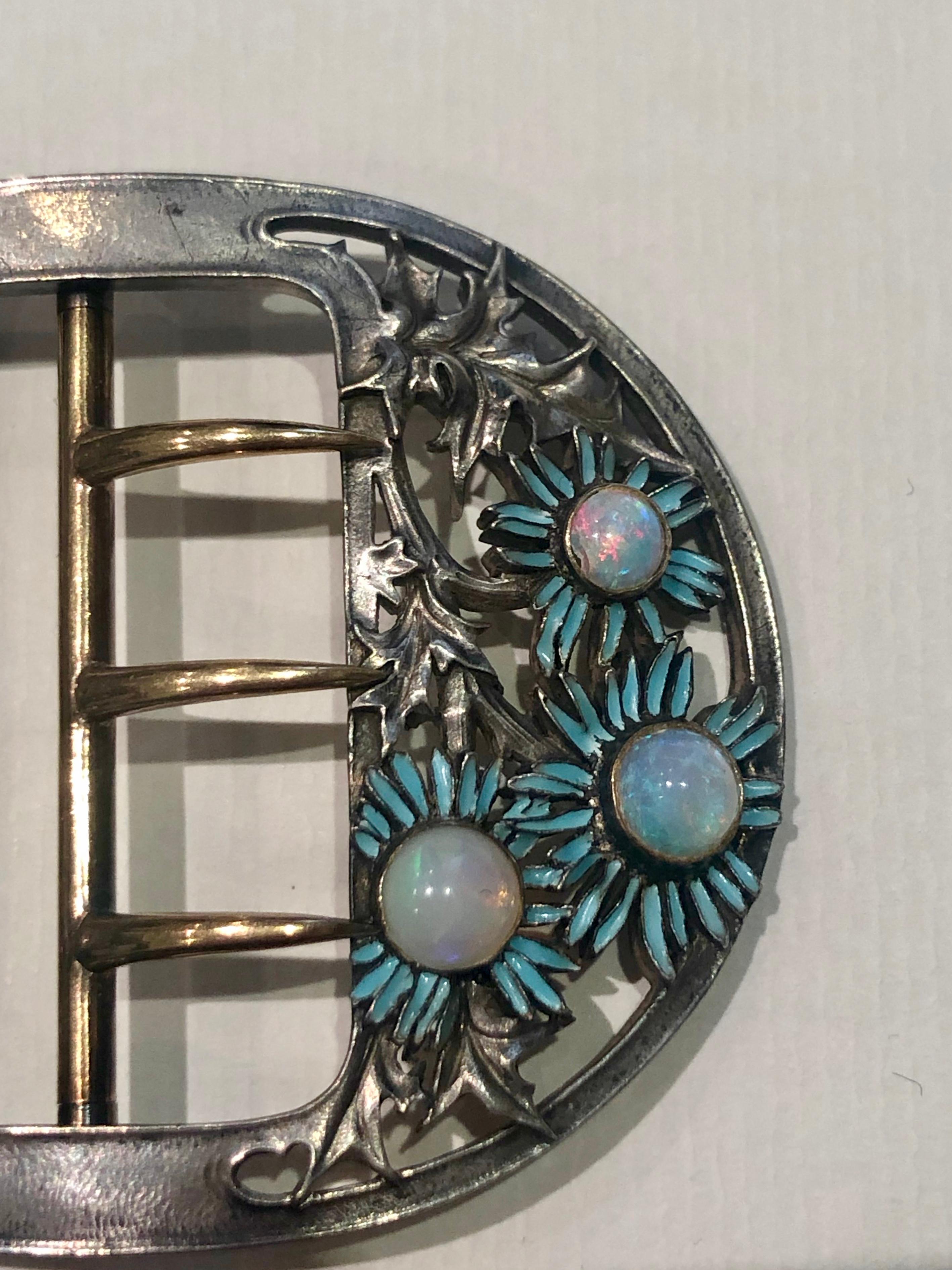 Rene Lalique Blue Daisies Buckle Silver Yellow Gold Enamel Opals, circa 1890 im Angebot 2