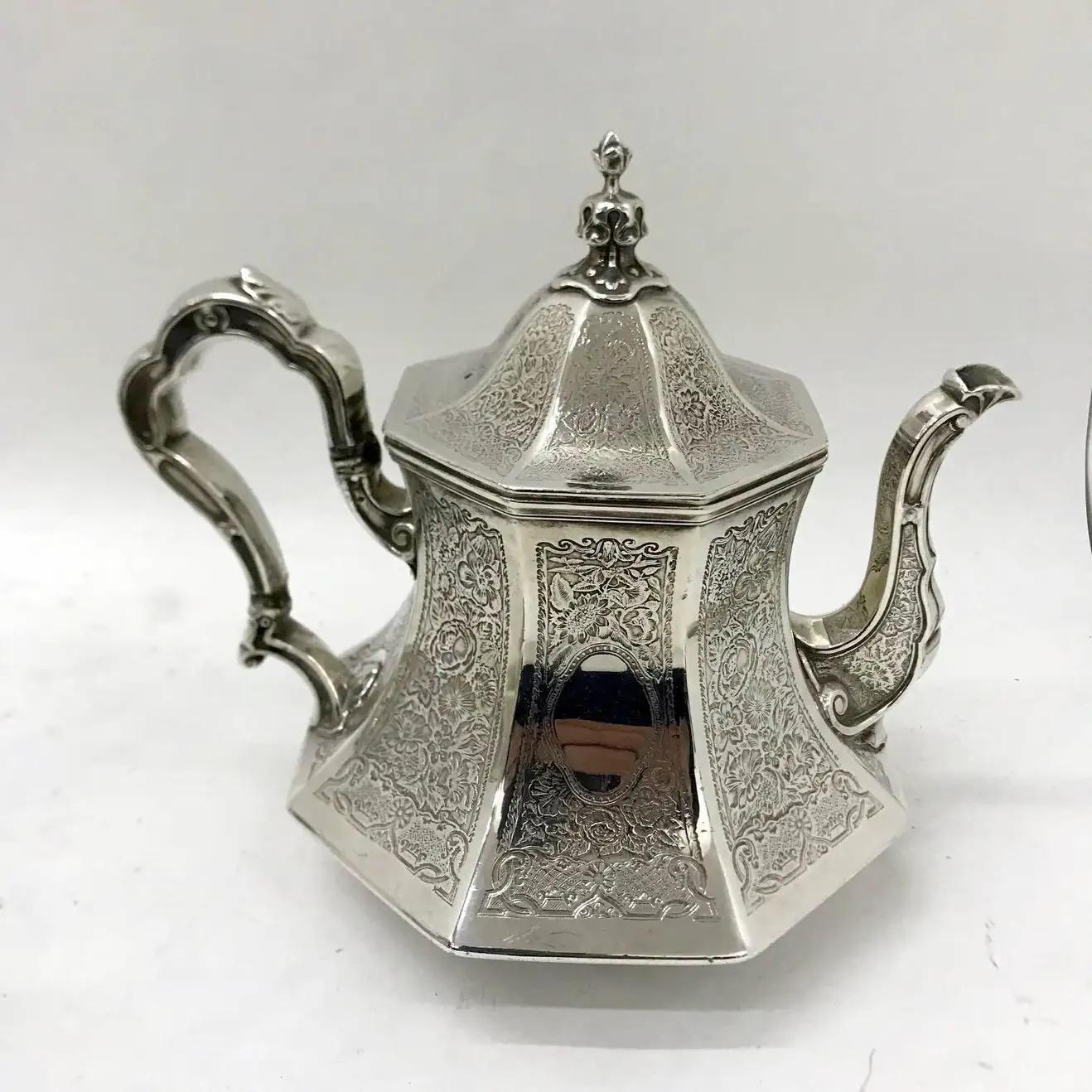 18th Century 1890 Skinner & Co. Art Nouveau Engraved Silver plated English Tea Service For Sale