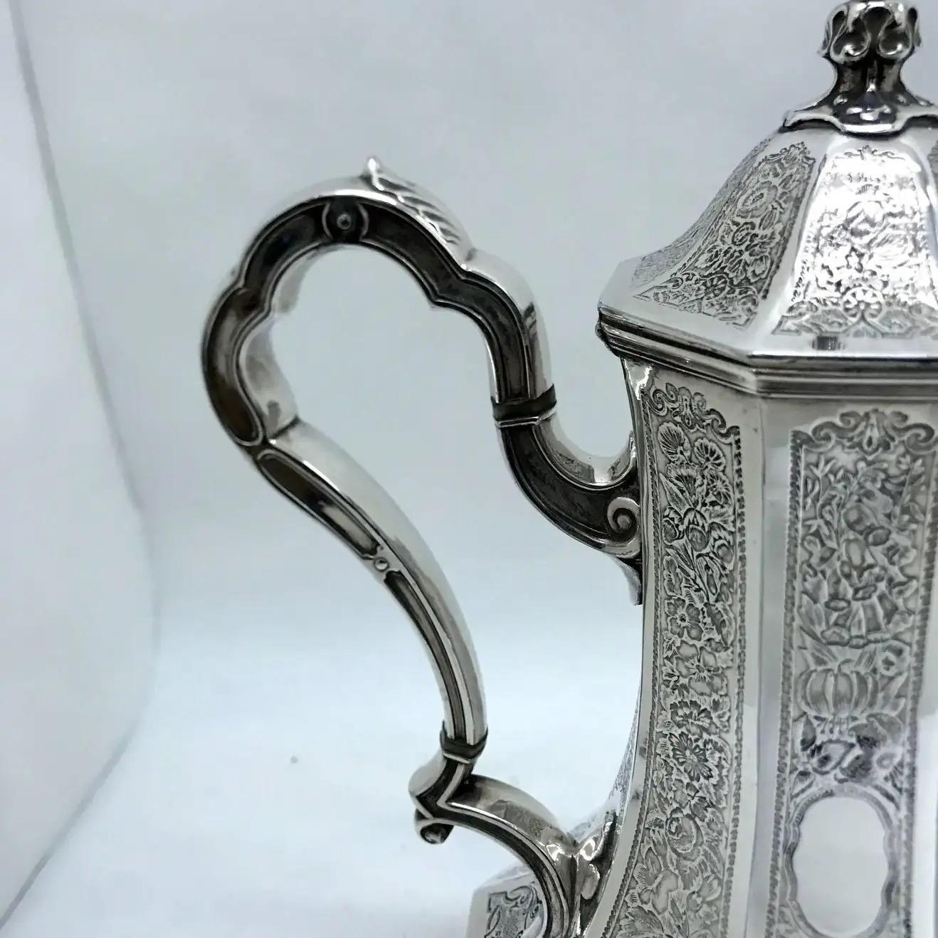 1890 Skinner & Co. Art Nouveau Engraved Silver plated English Tea Service For Sale 1