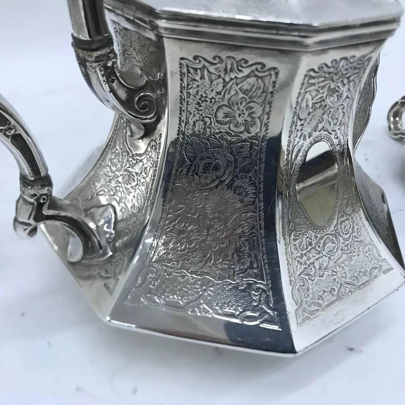 1890 Skinner & Co. Art Nouveau Engraved Silver plated English Tea Service For Sale 2