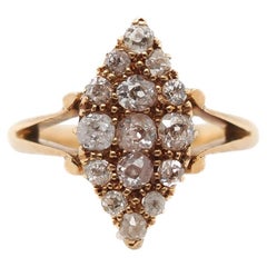 Circa 1890s 18K Yellow Gold Old Mine Diamond Cluster Navette Ring