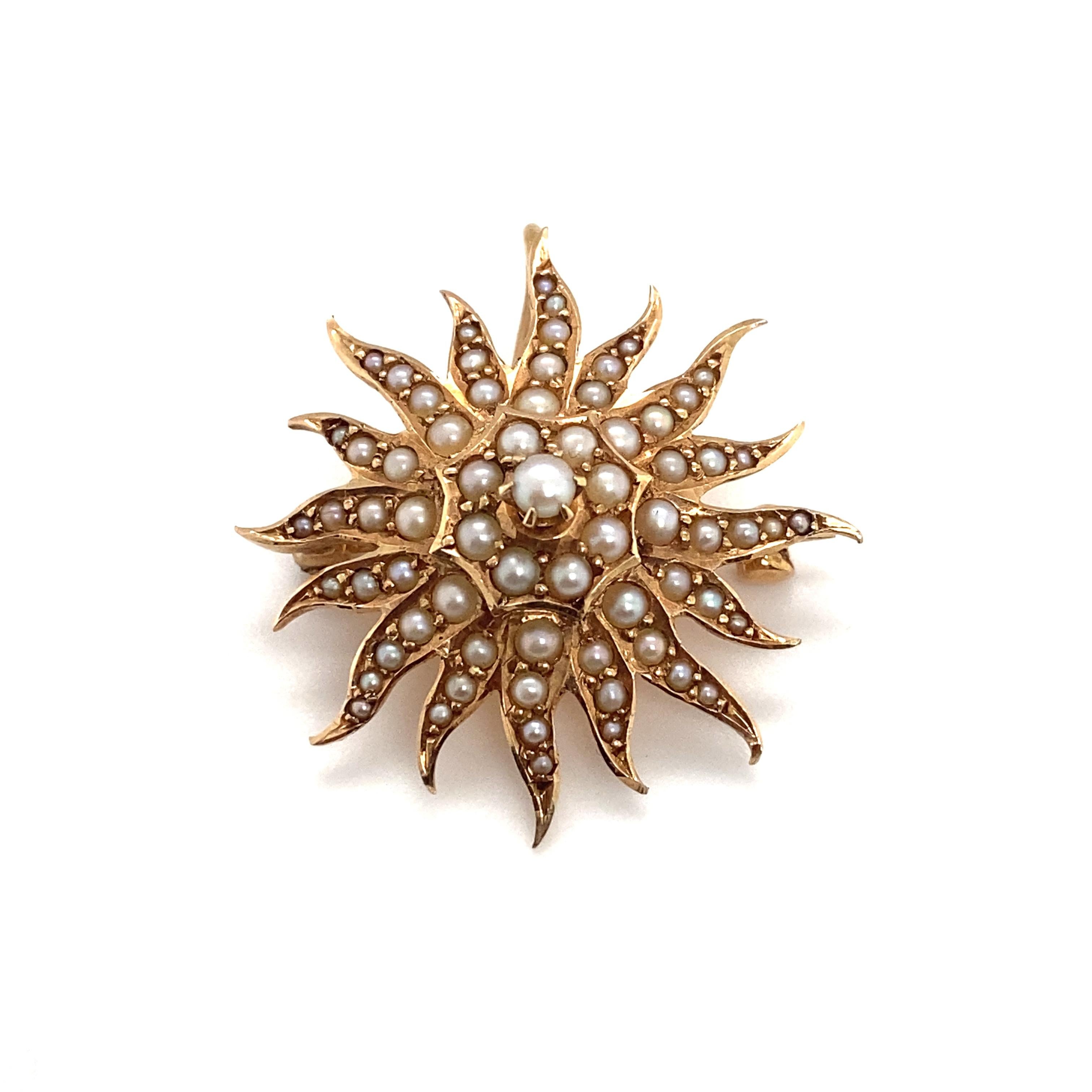 Item Details: A sunburst pin with seed pearls by Birks of London, Canada. Can also be worn as a pendant.

Circa: 1890s
Metal Type: 15 Karat Yellow Gold
Weight: 6.1 grams
Size: 1 inch diameter
 
