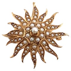Circa 1890s Birks London Canada Sunburst Seed Pearl Brooch in 15 Karat Gold