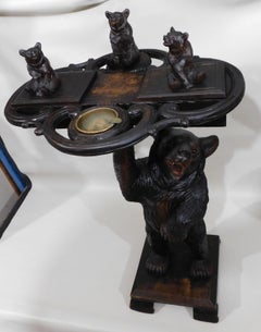 Black Forest Carved Bears Smokers Table Stand with Brass Ashtray, circa 1890s