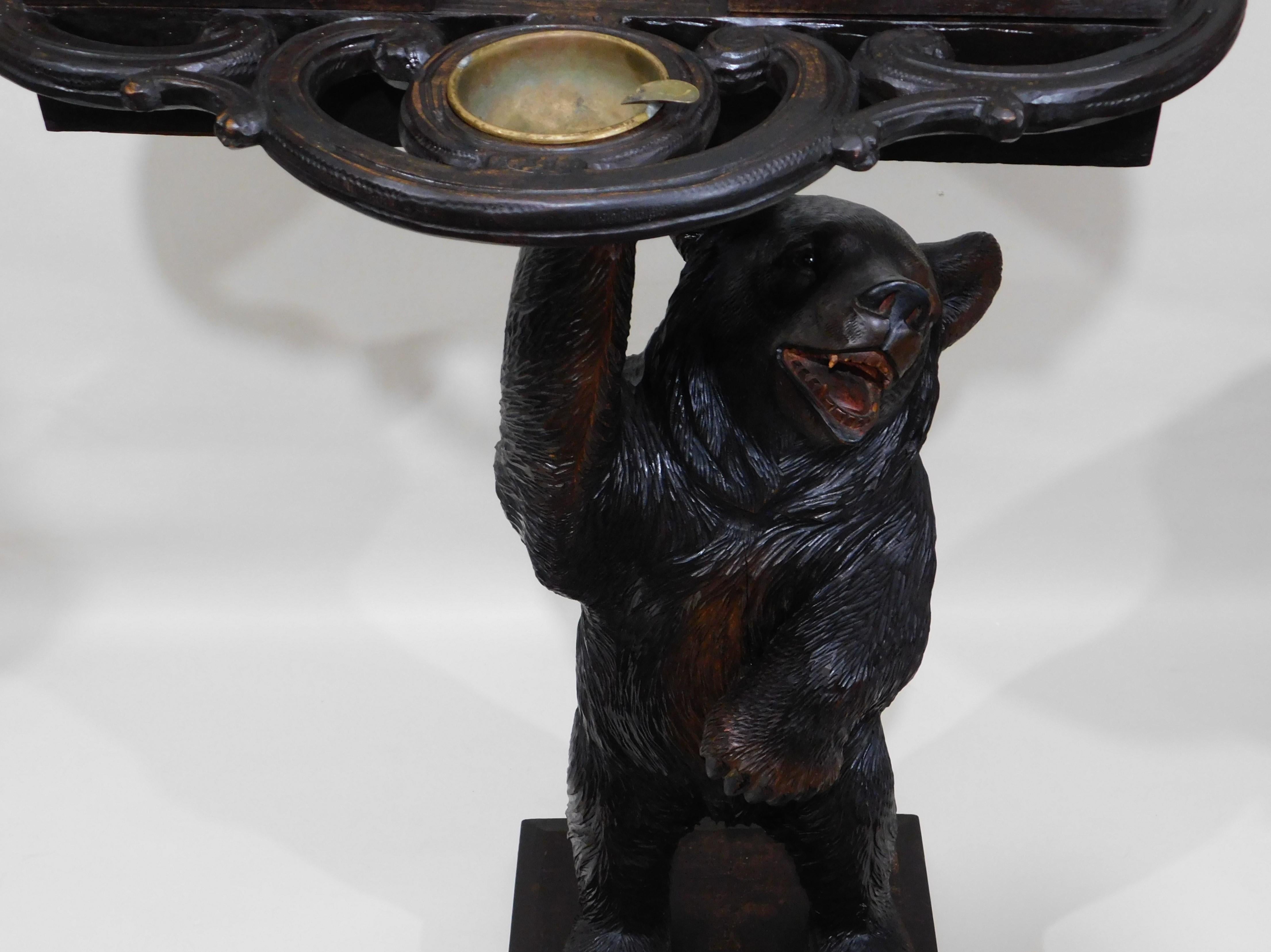Swiss Black Forest Carved Bears Smokers Table Stand with Brass Ashtray, circa 1890s