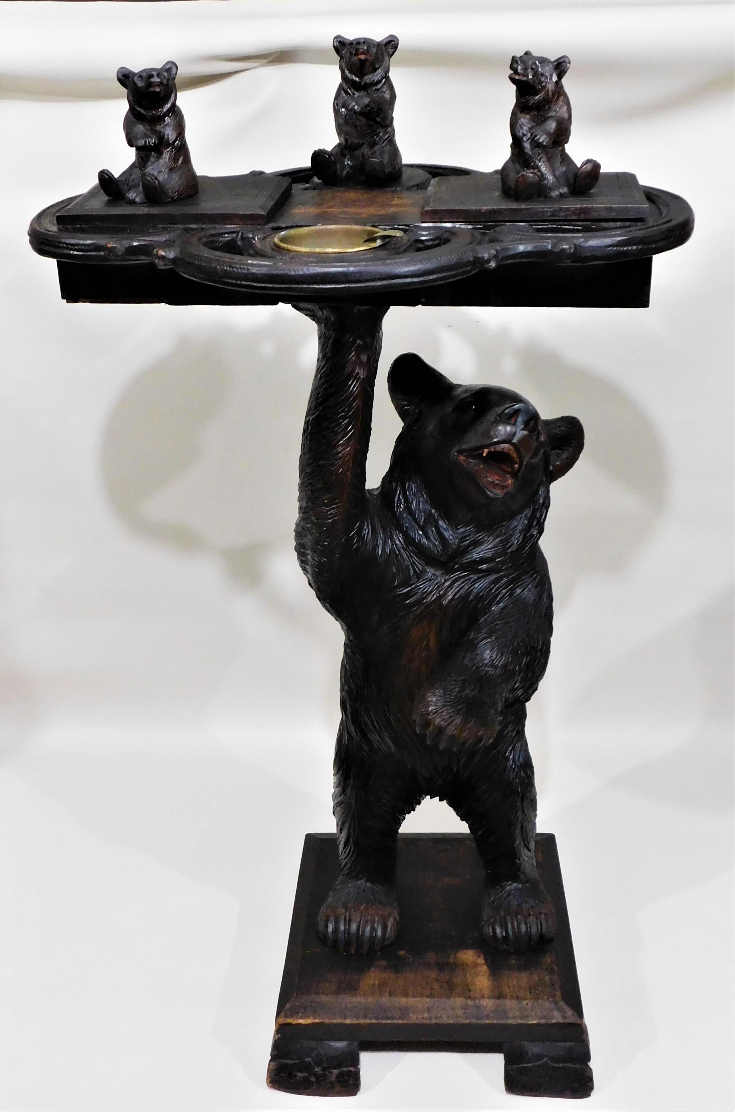 Wood Black Forest Carved Bears Smokers Table Stand with Brass Ashtray, circa 1890s