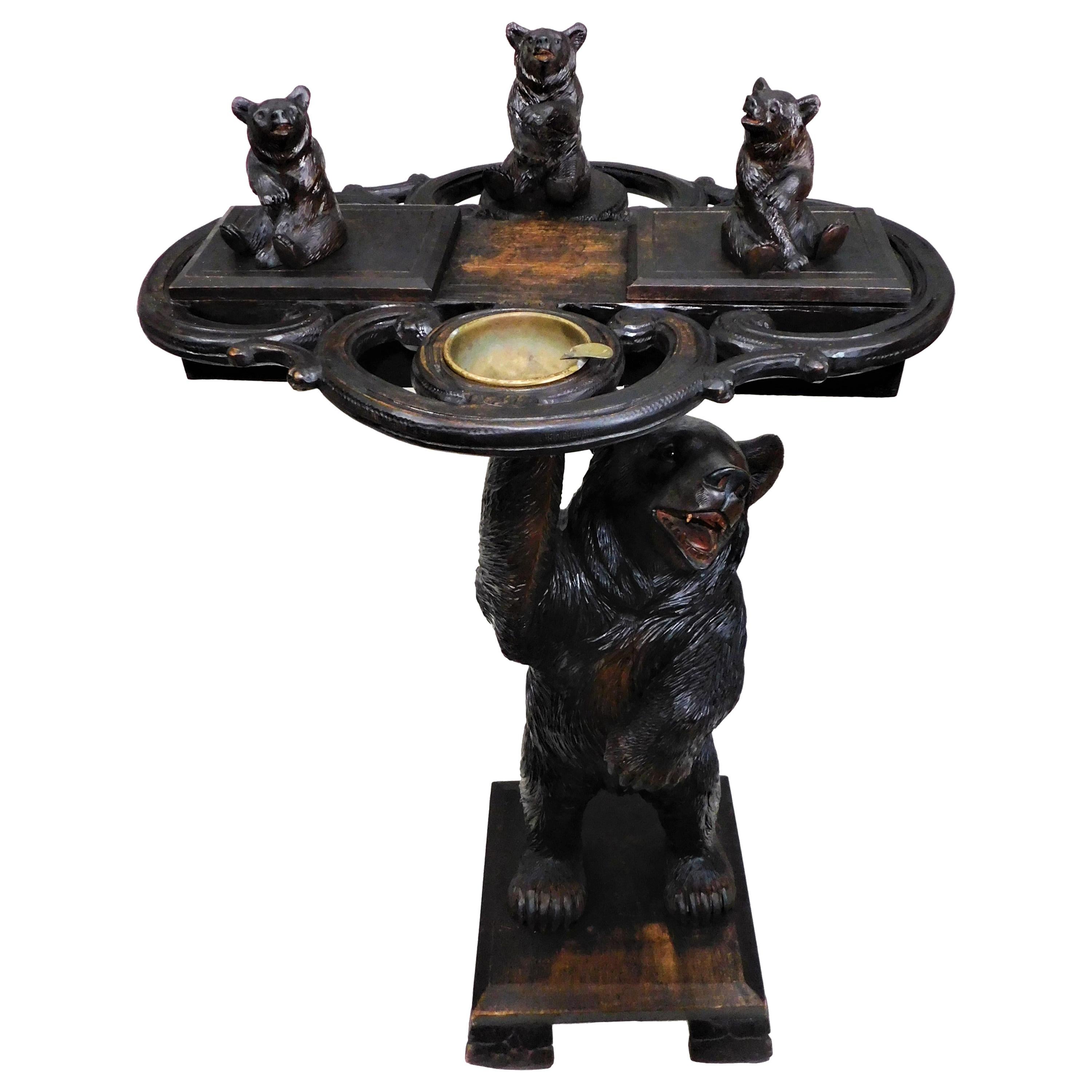 Black Forest Carved Bears Smokers Table Stand with Brass Ashtray, circa 1890s