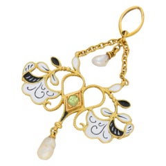 Carlo Giuliano Pearl and Enamel Pendant, Set in 18k Yellow Gold, Circa 1890