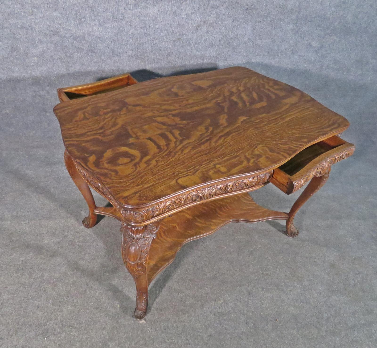 High Victorian Circa 1890s Carved Solid oak Quarter Sawn Oak Victorian Center Table For Sale
