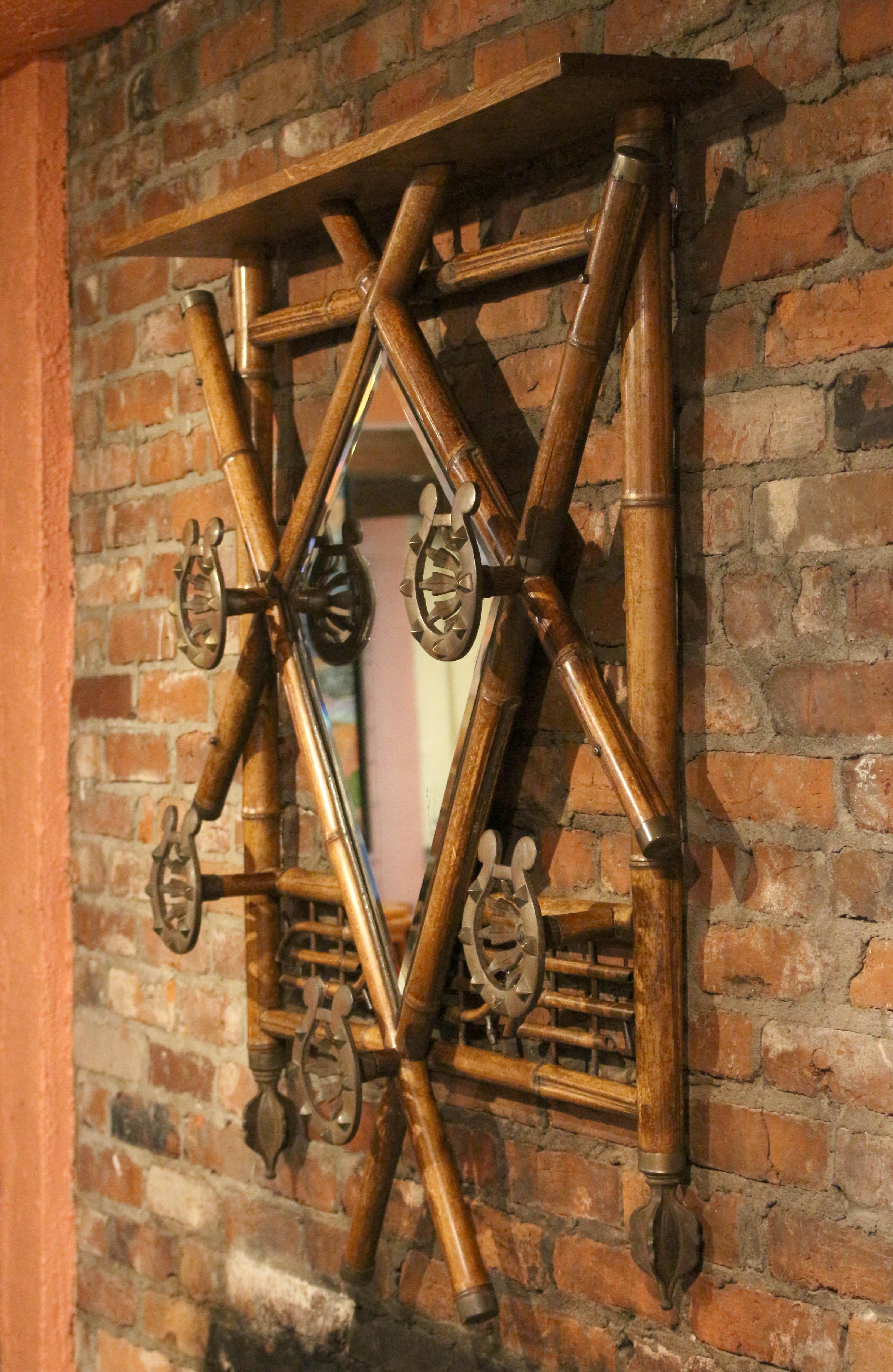 Victorian Circa 1890s English Bamboo Hanging Hall Rack with Mirror