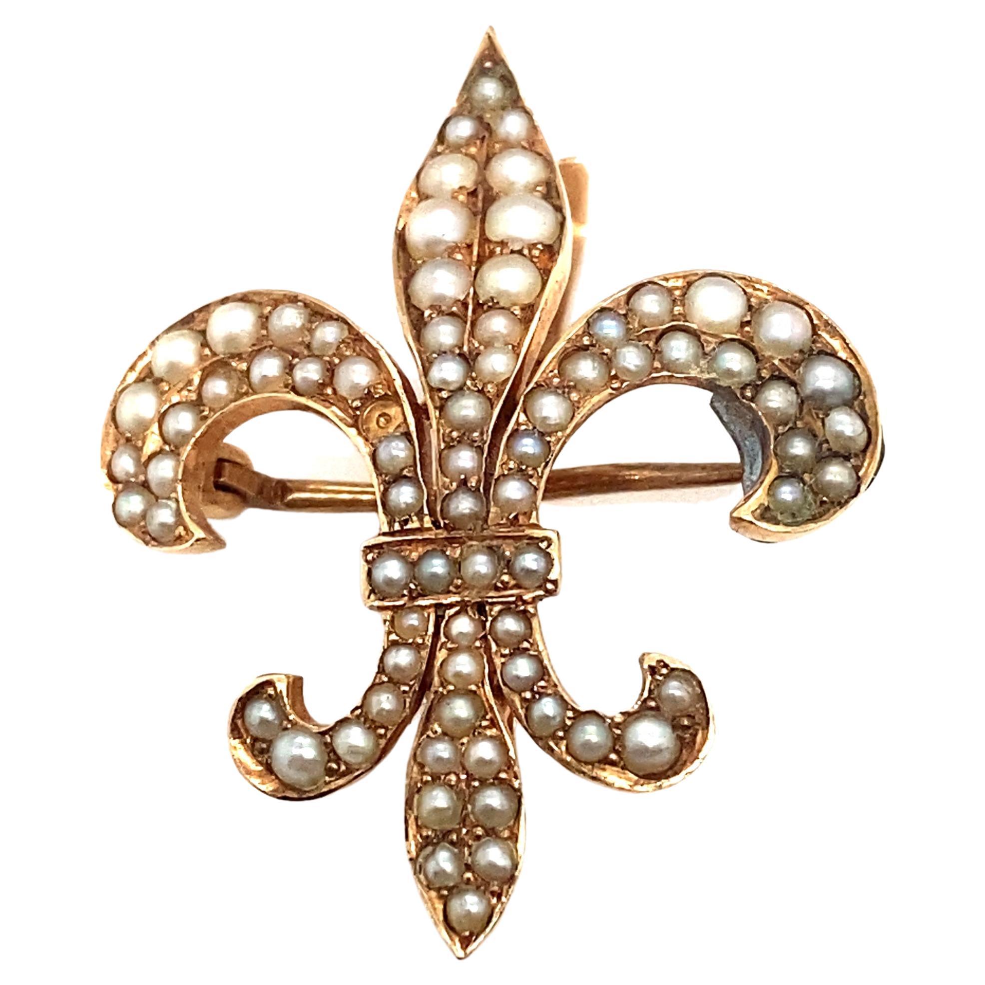 Circa 1890s French Fleur de Lis Seed Pearl Brooch in 14 Karat Yellow Gold For Sale