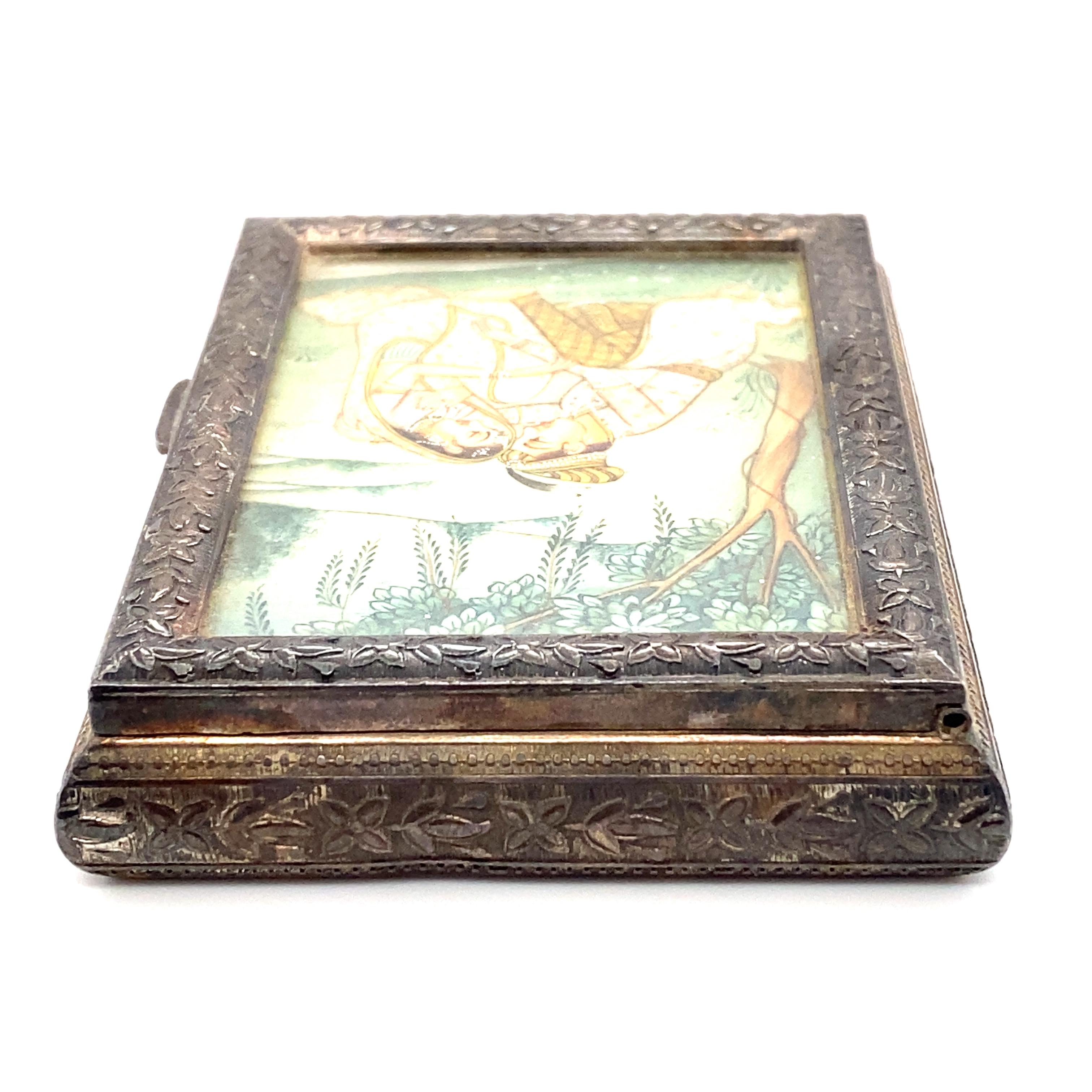 Women's or Men's Circa 1890s Indian Trinket Box with Hand-Painted Miniature in Sterling Silver For Sale