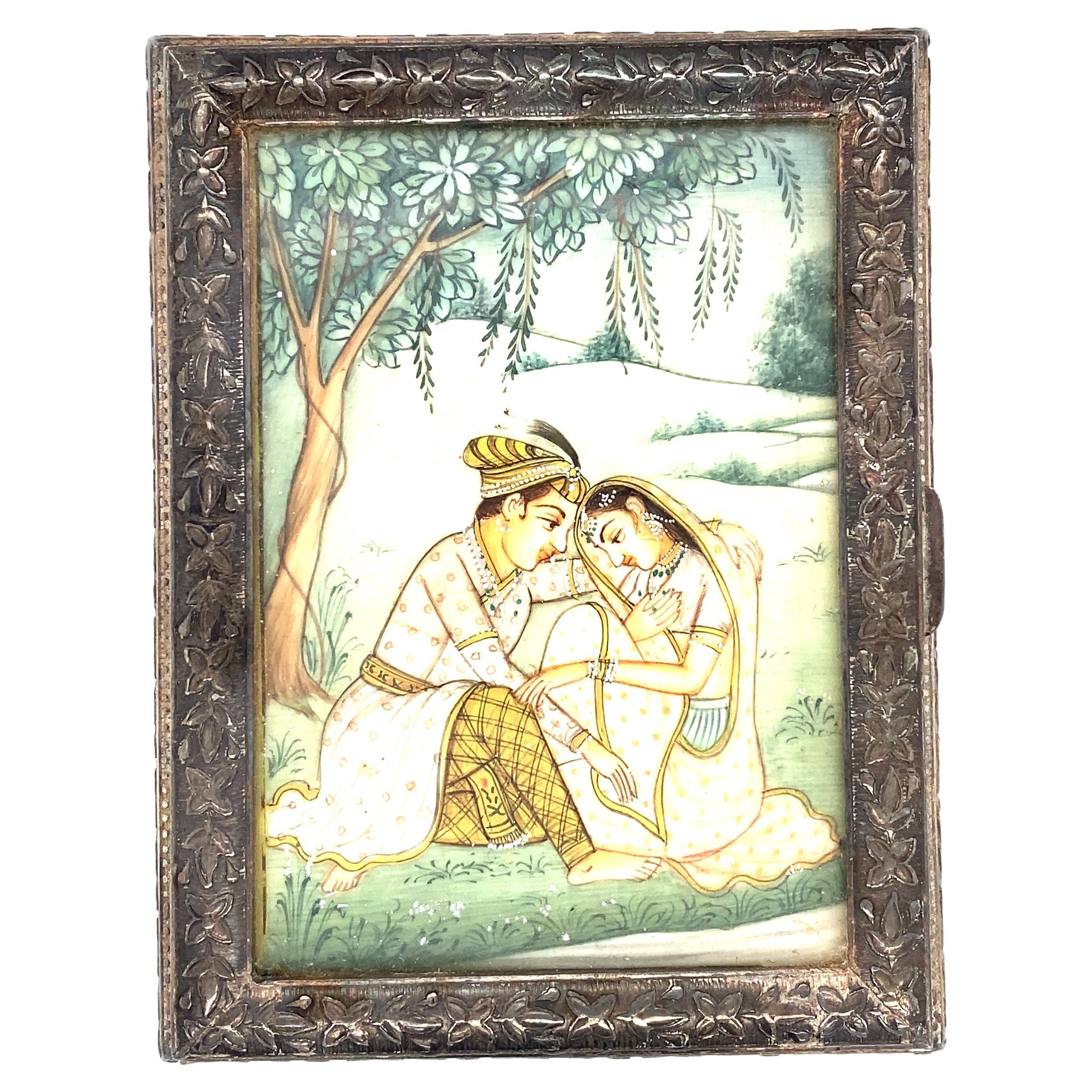 Circa 1890s Indian Trinket Box with Hand-Painted Miniature in Sterling Silver For Sale