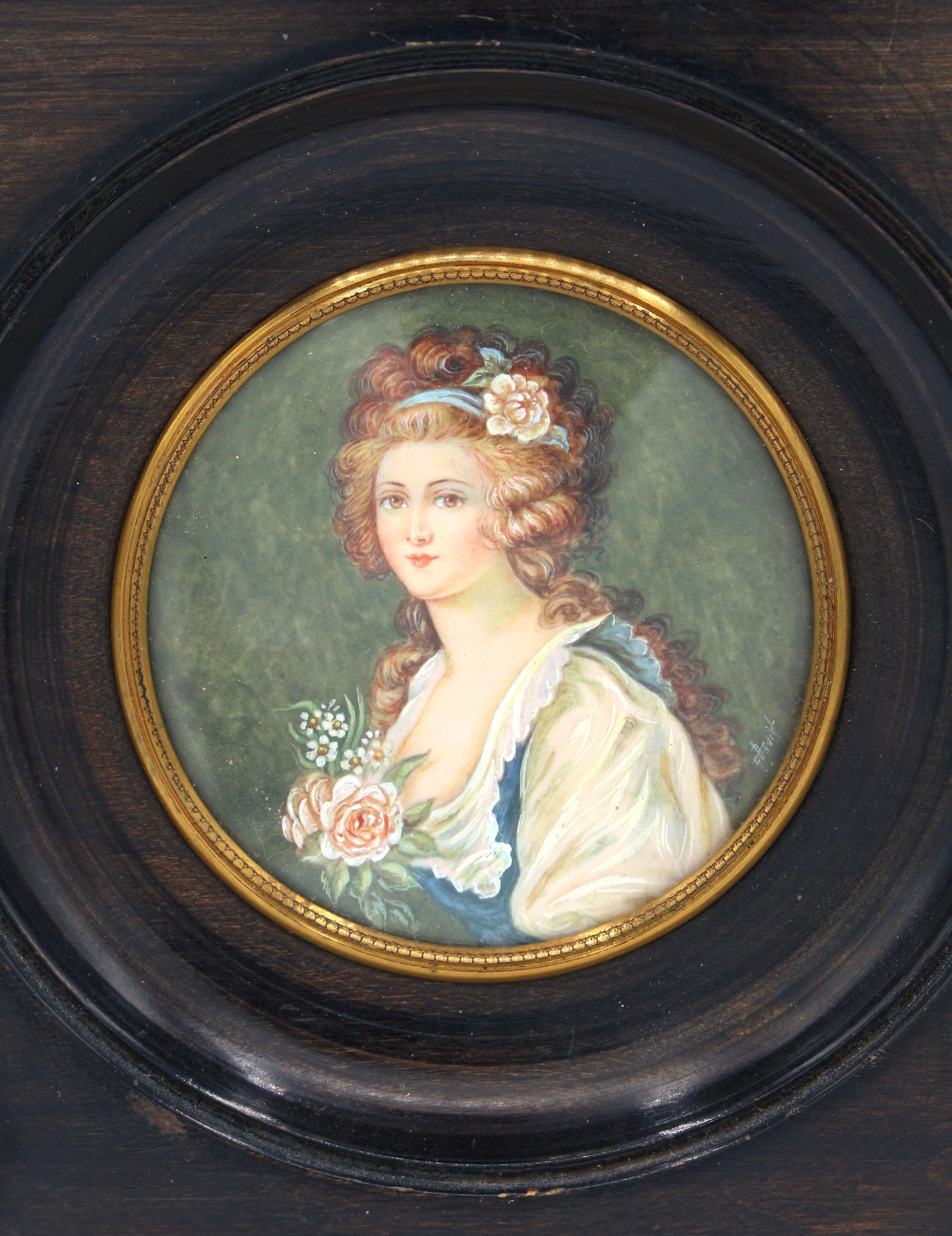Circa 1890s Grand Tour Souvenir miniature portrait, Italy. Exquisitely hand painted. Not removed from the frame - signed lower right G Bavirt (?). The Italian back paper is hilarious - about the infamous 