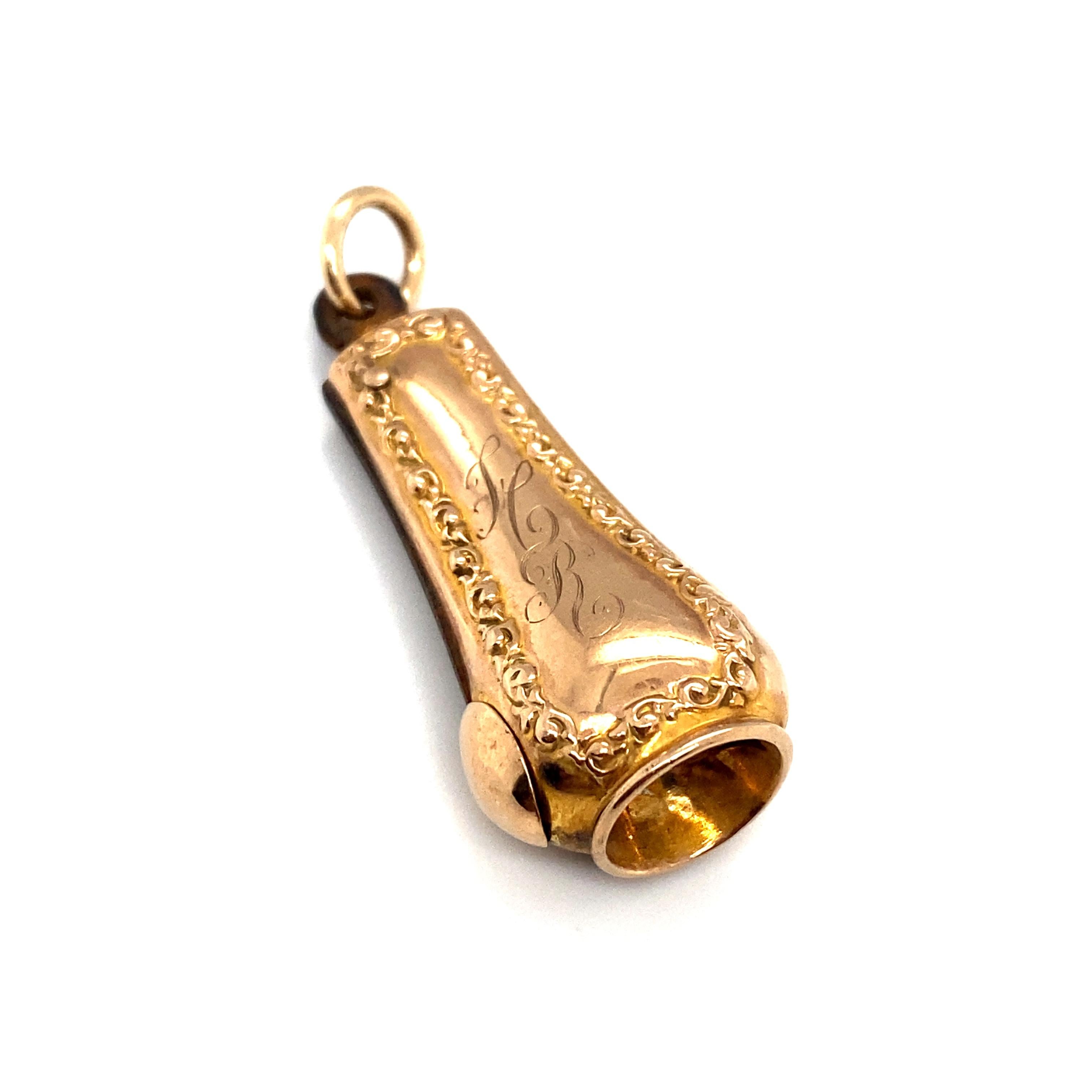 Item Details: This cigar cutter charm has an engraved monogram HR and is decorated with floral repousse. Made in France.

Circa: 1890s
Metal Type: 10 karat yellow gold
Weight: 5.3 grams
Size: 1.75
