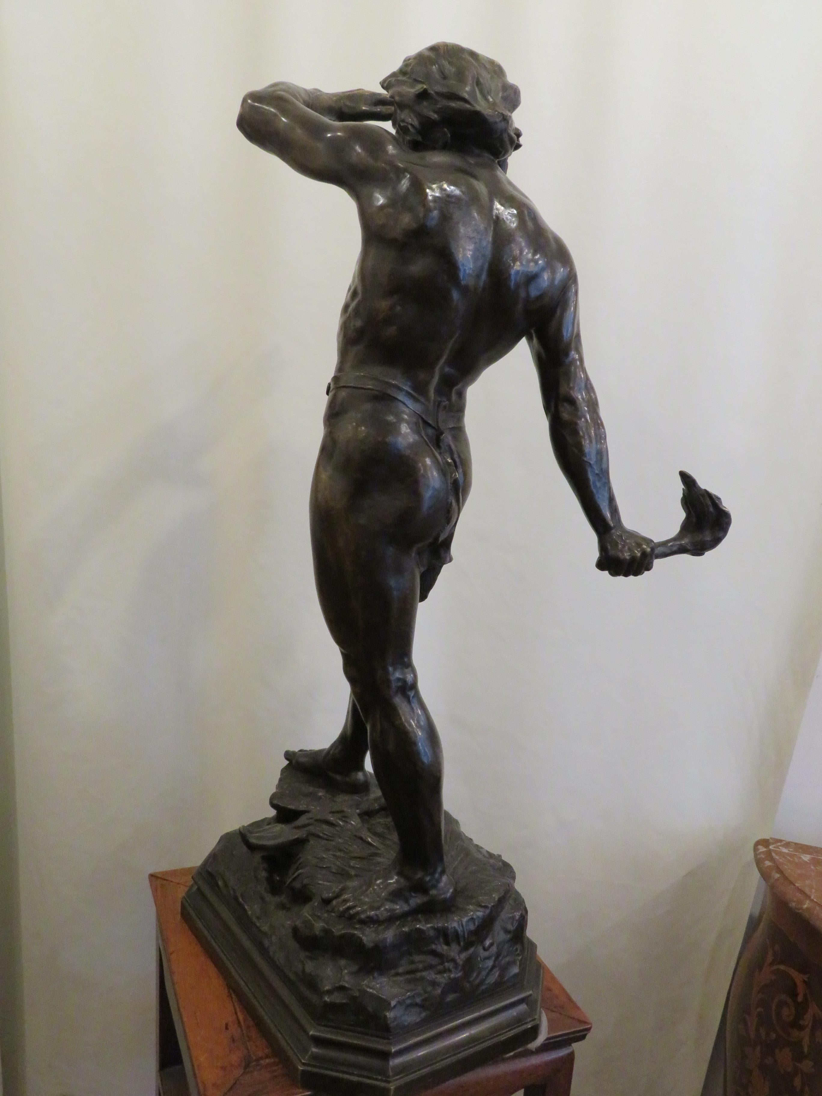 “Samson Burning The Harvest” in bronze by French sculptor Leon Bonduel, (1857-1928), circa 1890. Signed on the base

Bronze with deep brown patina, representing Samson standing viewing the distance, holding a torch in his hand, resting on a
