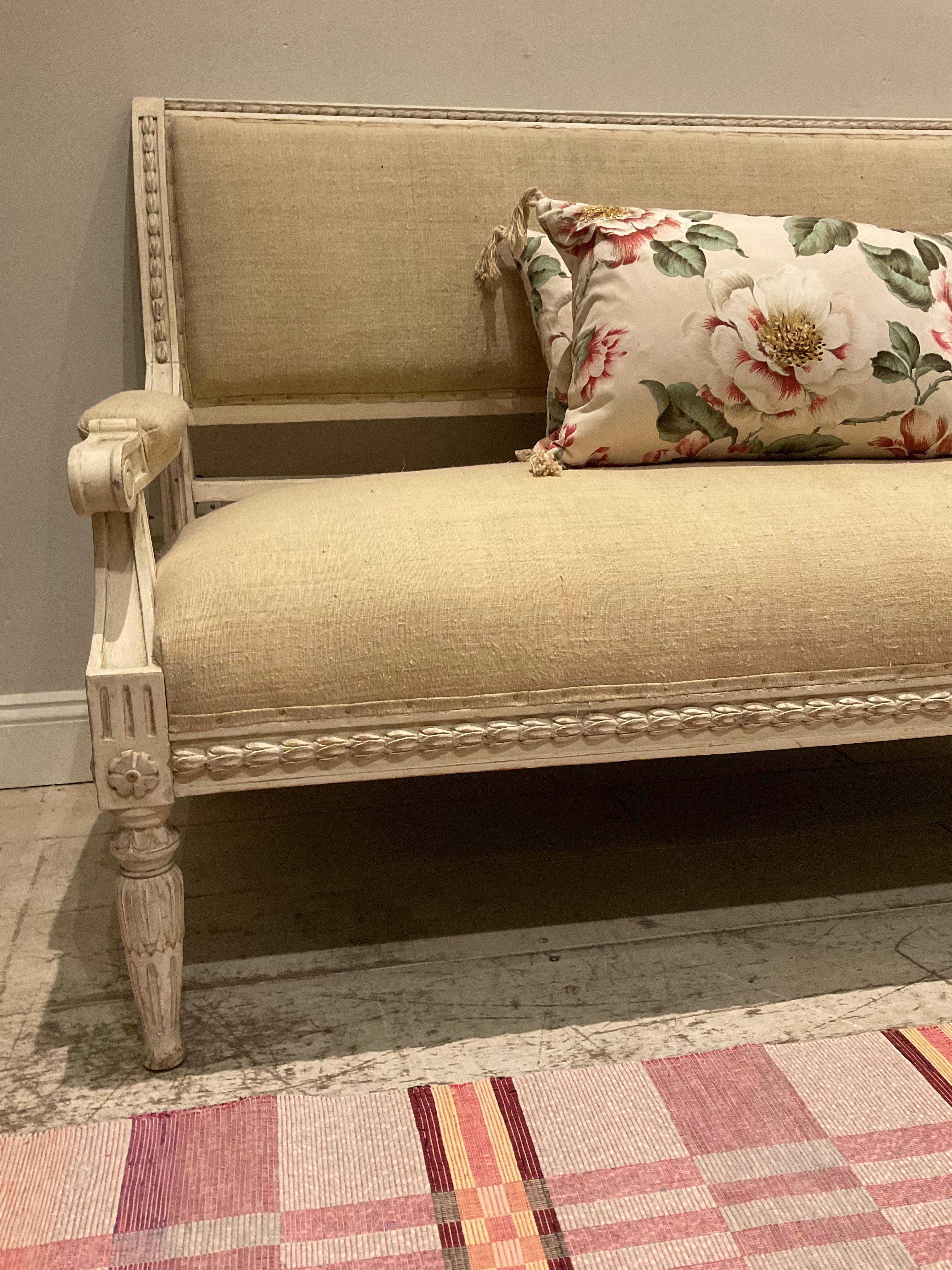 Circa 1890s Swedish Painted Sofa Gustavian Style Upholstered in a French Linen 8