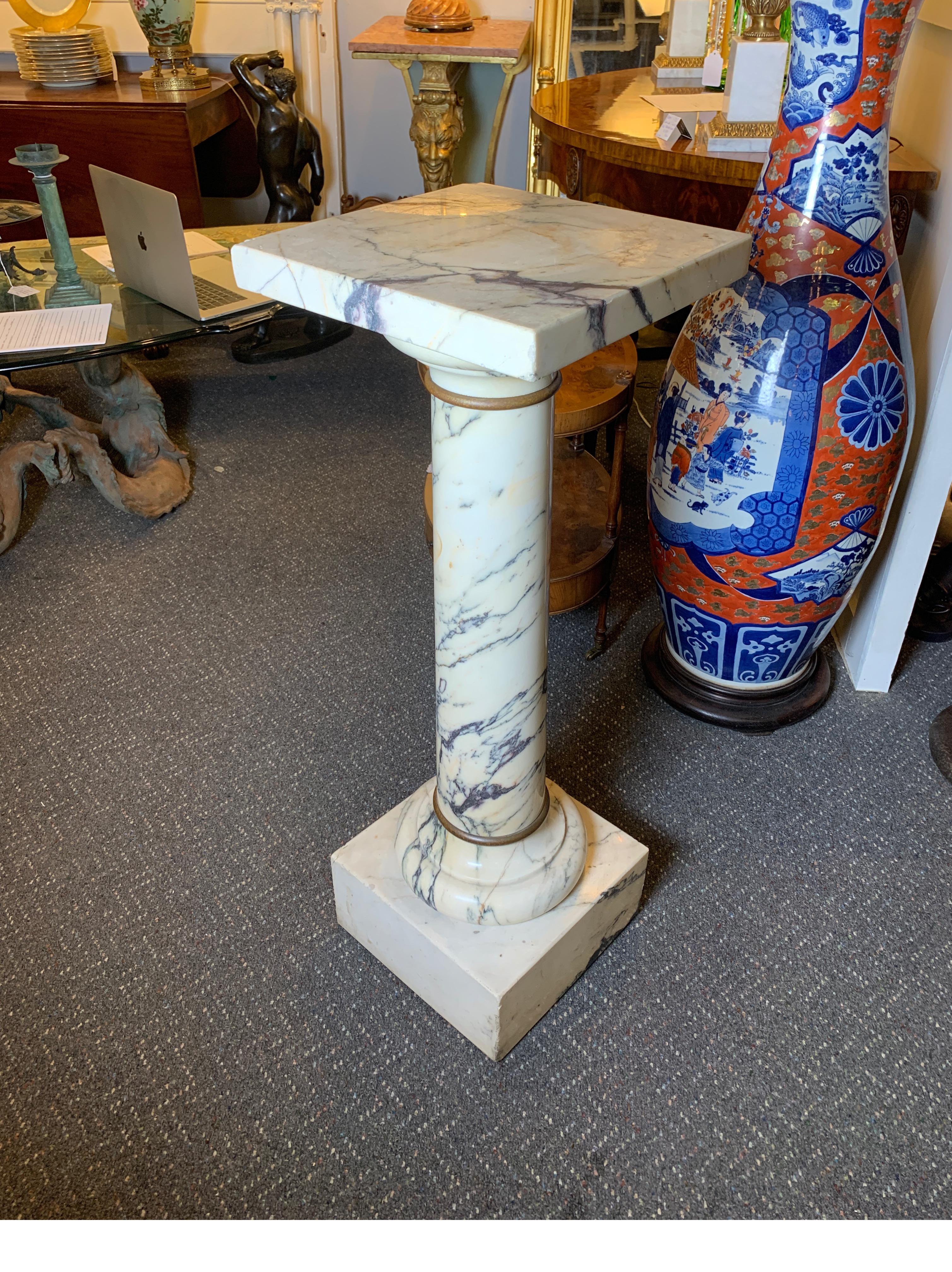 Traditional Italian Marble Pedestal W/ Simple Bronze Ring Accents, circa 1890s 7