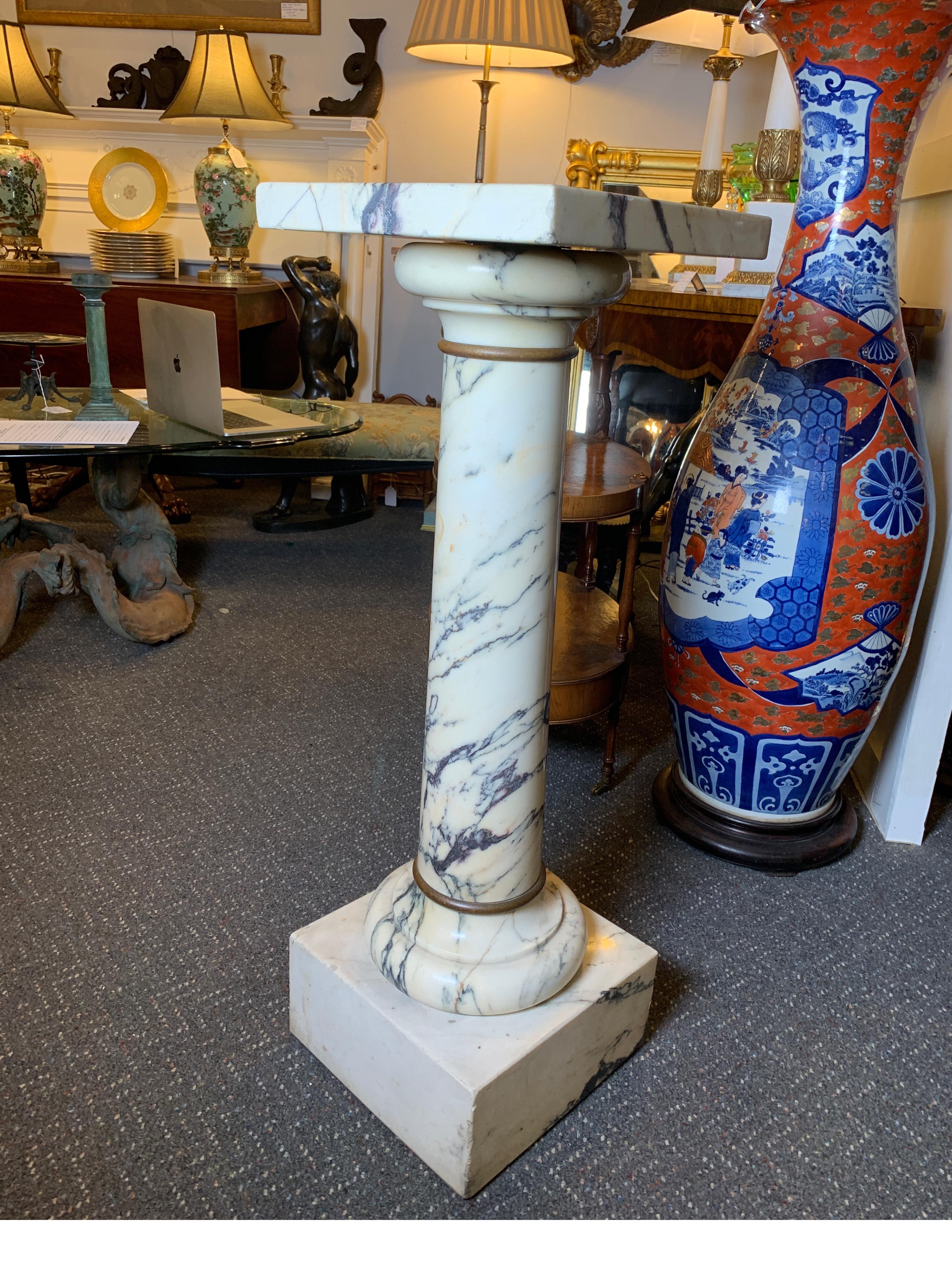 Traditional Italian Marble Pedestal W/ Simple Bronze Ring Accents, circa 1890s 8