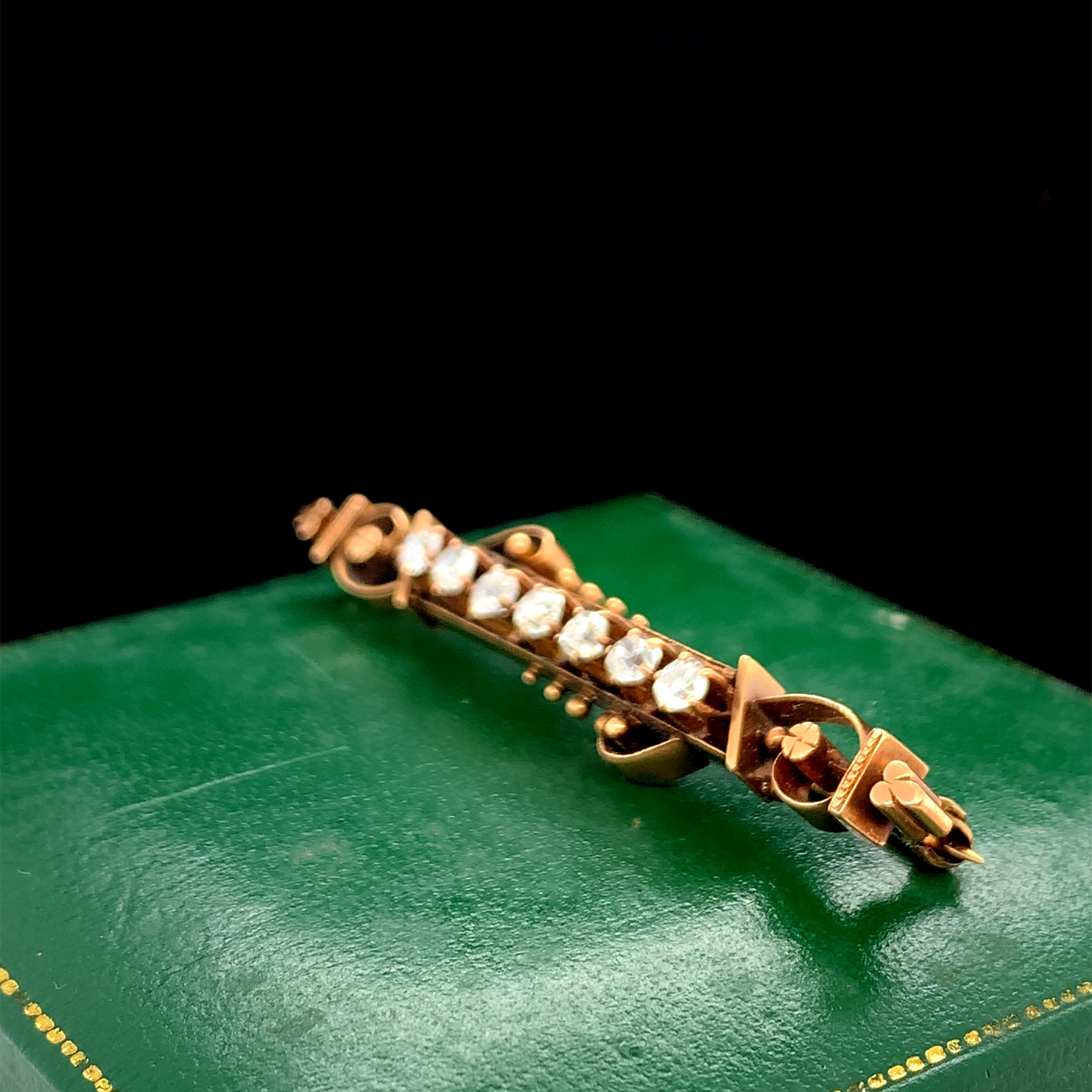 Circa 1890s Victorian 14K Yellow Gold Old Mine Cut Diamond Pin In Excellent Condition For Sale In Hicksville, NY