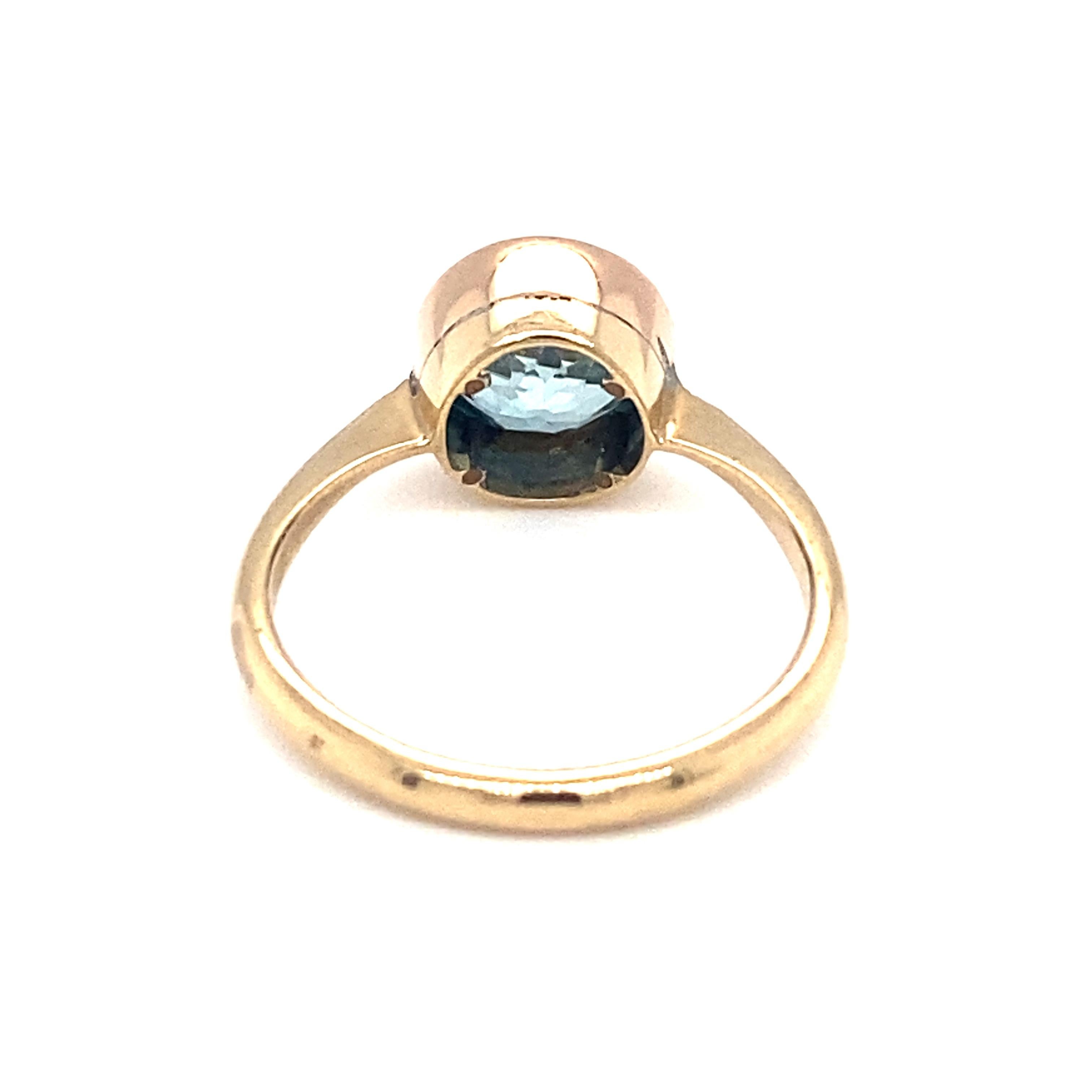 Item Details: This Victorian era ring features a brilliant blue zircon as the center stone with attractive milgrain around the bezel.

Circa: 1890s
Metal Type: 9 karat yellow gold
Weight: 2.7 grams
Size: US 7.5, resizable

Blue Zircon Details:
Cut:
