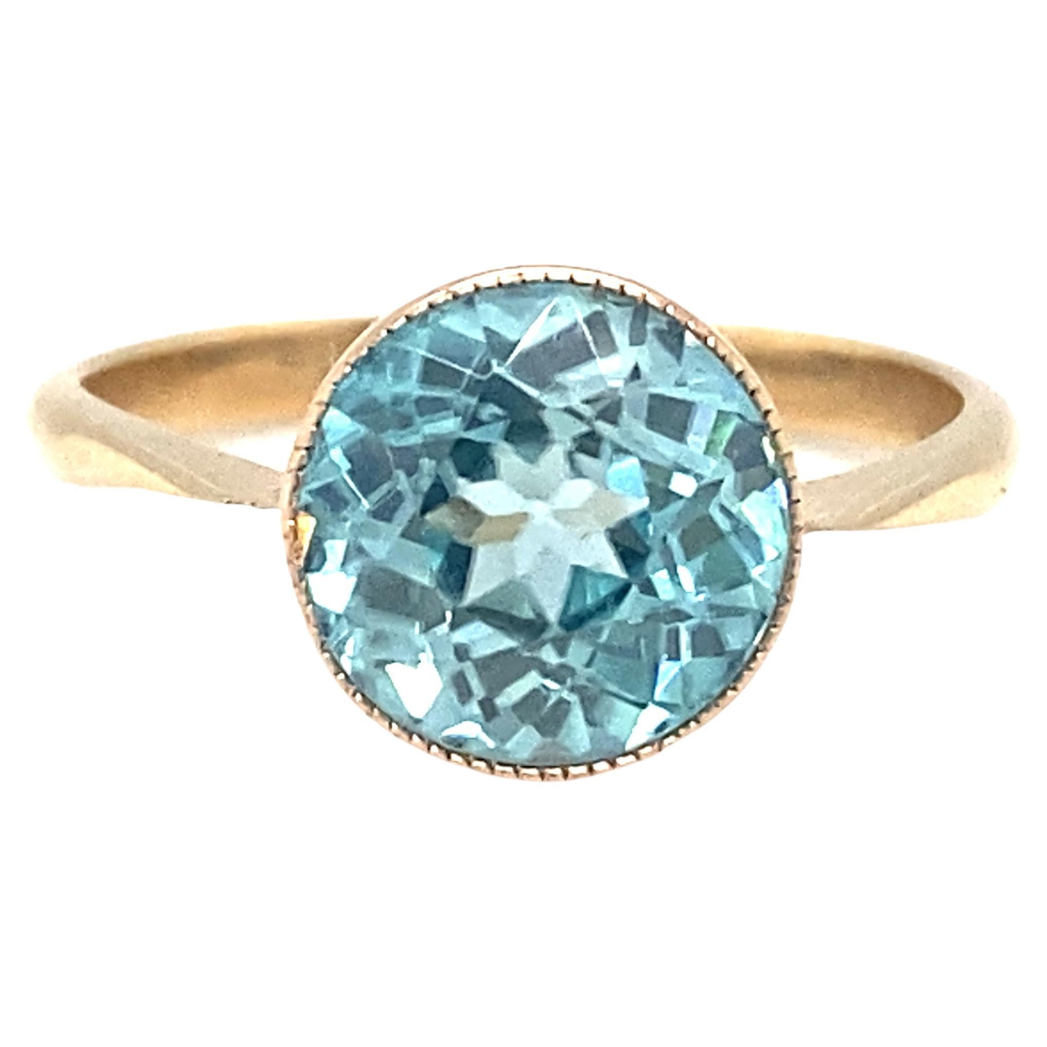 Circa 1890s Victorian 2 Carat Blue Zircon Solitaire Ring in 9 Karat Gold For Sale