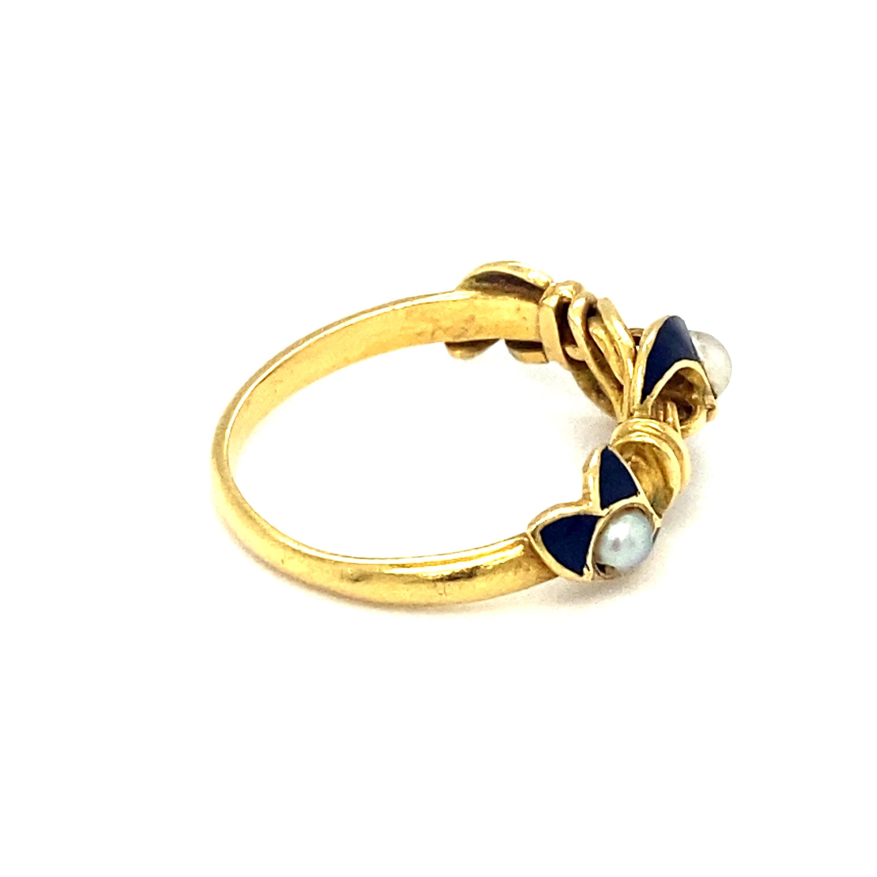 Late Victorian Circa 1890s Victorian Blue Enamel Pearl Ring in 18 Karat Yellow Gold For Sale