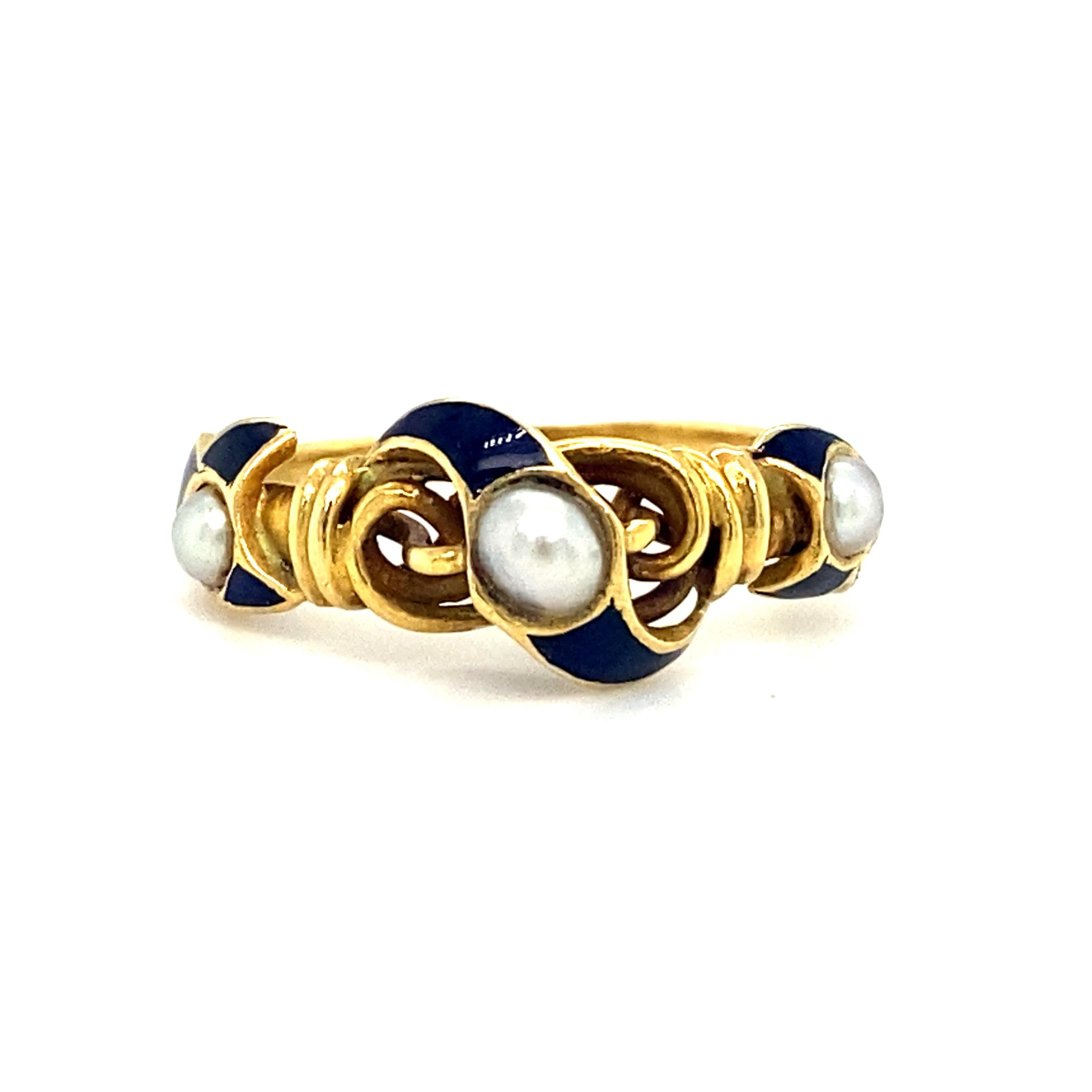 Uncut Circa 1890s Victorian Blue Enamel Pearl Ring in 18 Karat Yellow Gold For Sale