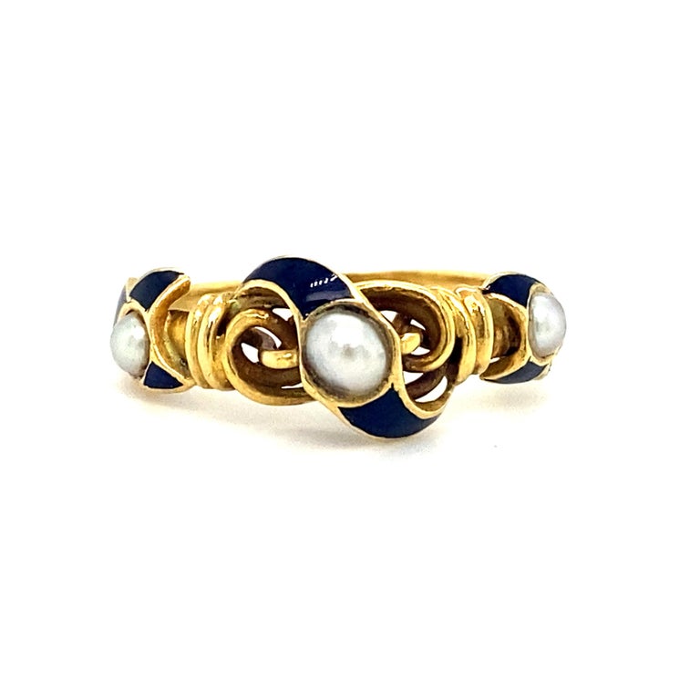 Circa 1890s Victorian Blue Enamel Pearl Ring in 18 Karat Yellow Gold ...